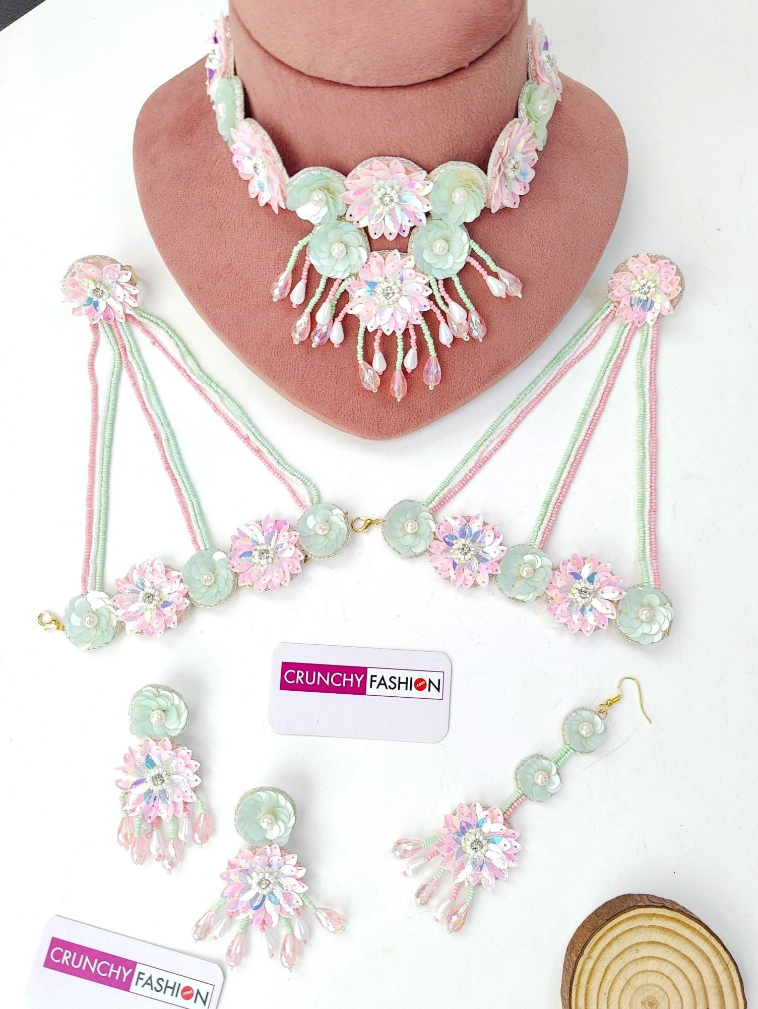 Handmade Designer Carnival Floral Jewellery Set in Pastel Pink and Mint Green, perfect for Haldi and Mehndi for brides