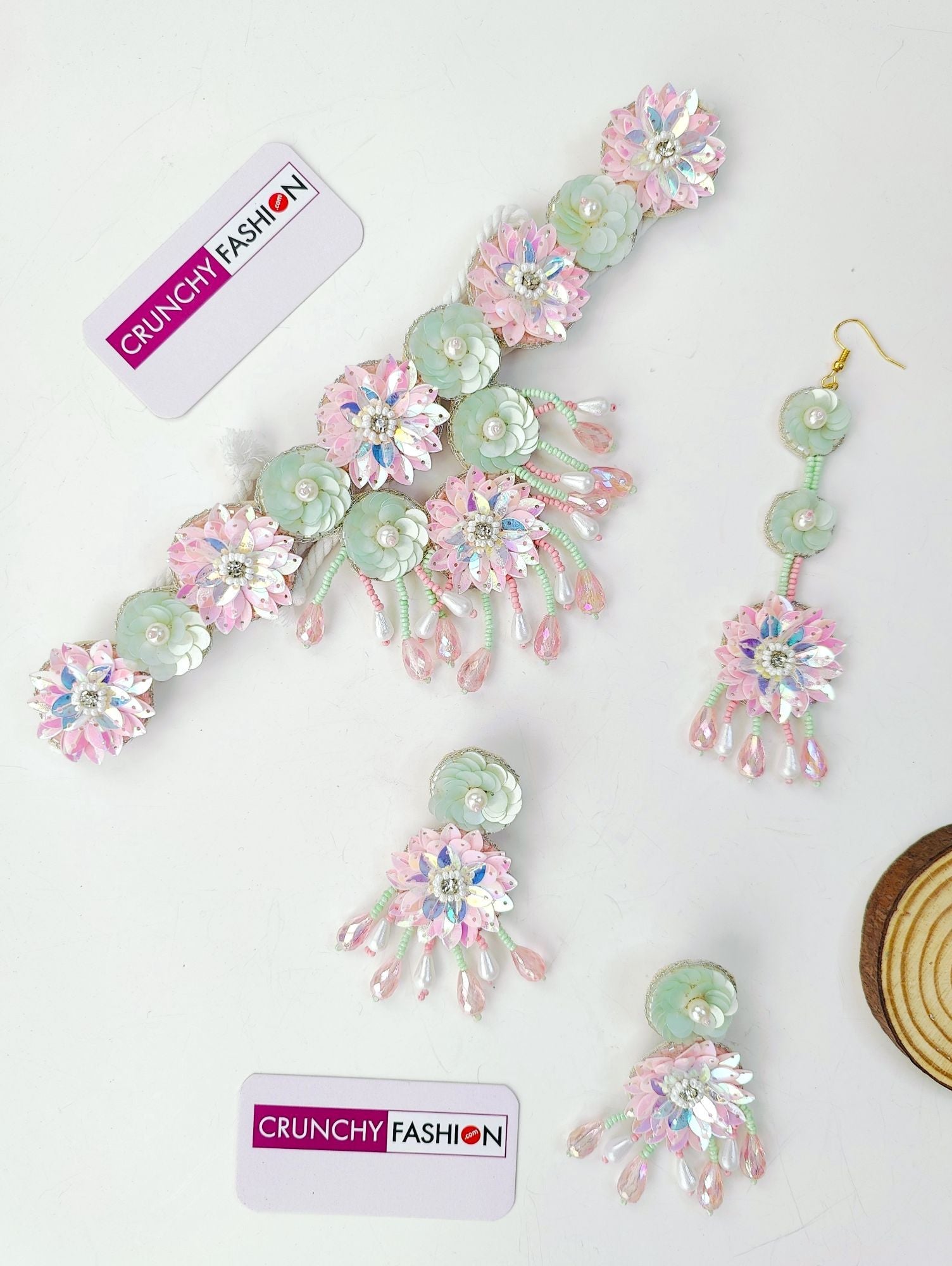 Handmade Designer Carnival Floral Jewellery Set in Pastel Pink and Mint Green, perfect for Haldi and Mehndi for brides