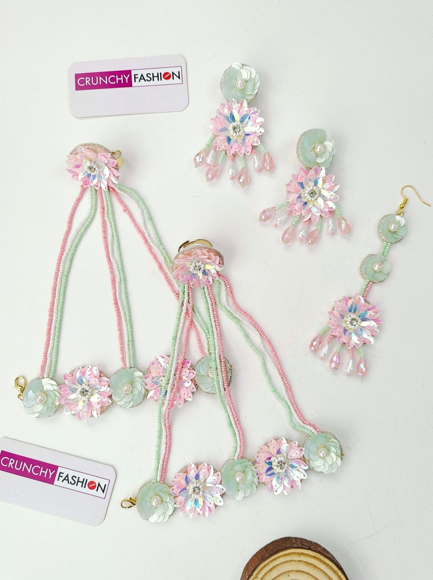 Handmade Designer Carnival Floral Jewellery Set in Pastel Pink and Mint Green, perfect for Haldi and Mehndi for brides