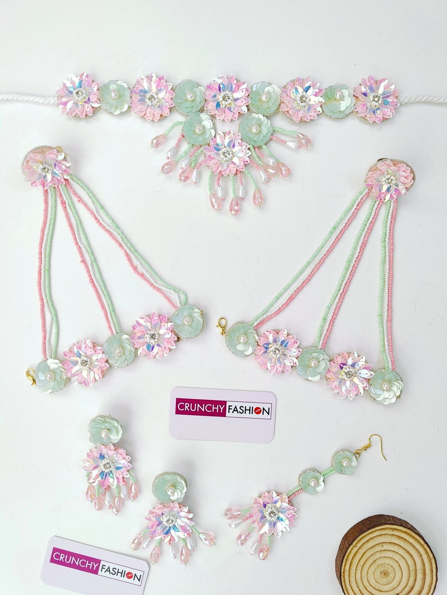 Handmade Designer Carnival Floral Jewellery Set in Pastel Pink and Mint Green, perfect for Haldi and Mehndi for brides