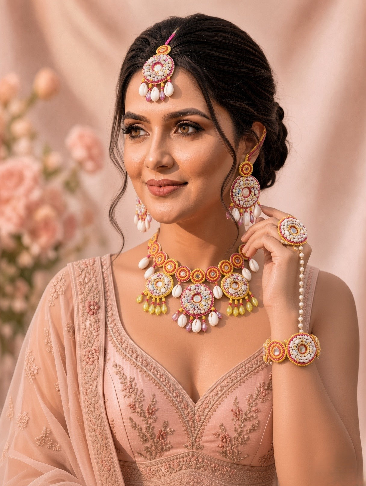 Handmade Pink-Yellow Pearl & Sea Shell Haldi Mehndi Jewellery Set for Brides