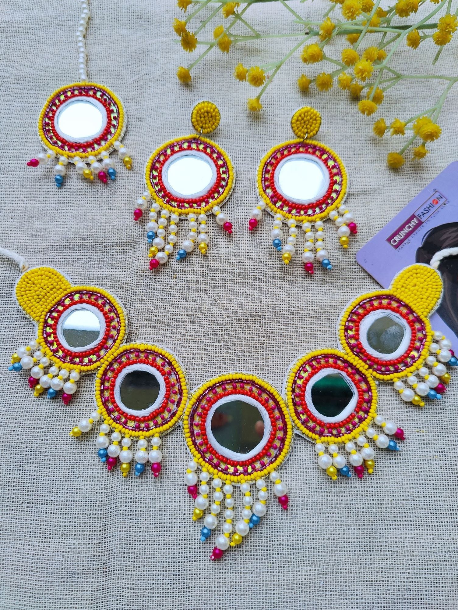 Pink-Yellow Mirror Work Handmade Beaded Jewellery Set for Haldi Mehndi