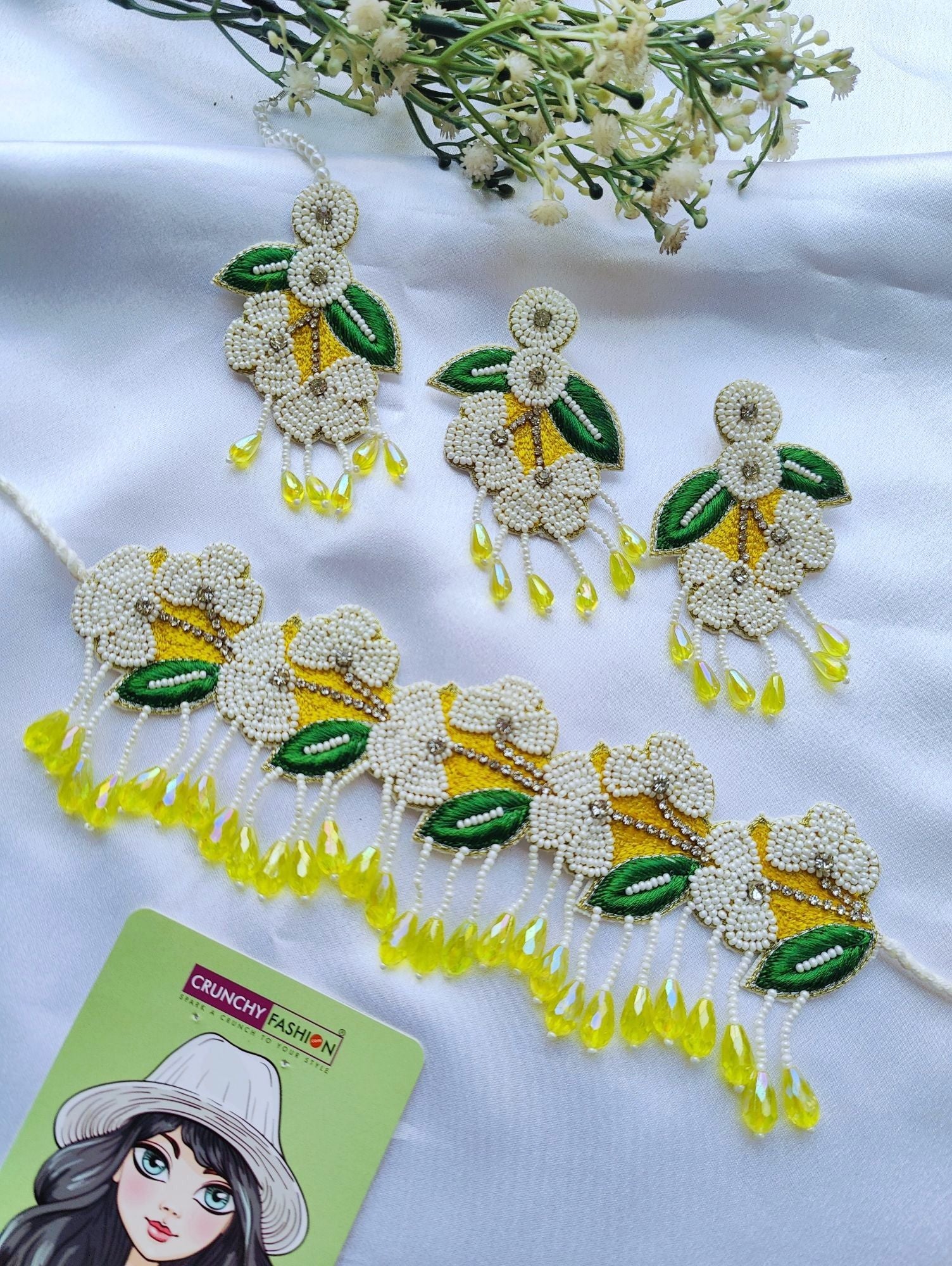 Handmade yellow-green ethnic flower-themed Carnival Jewellery set, ideal for brides at haldi-mehndi ceremonies