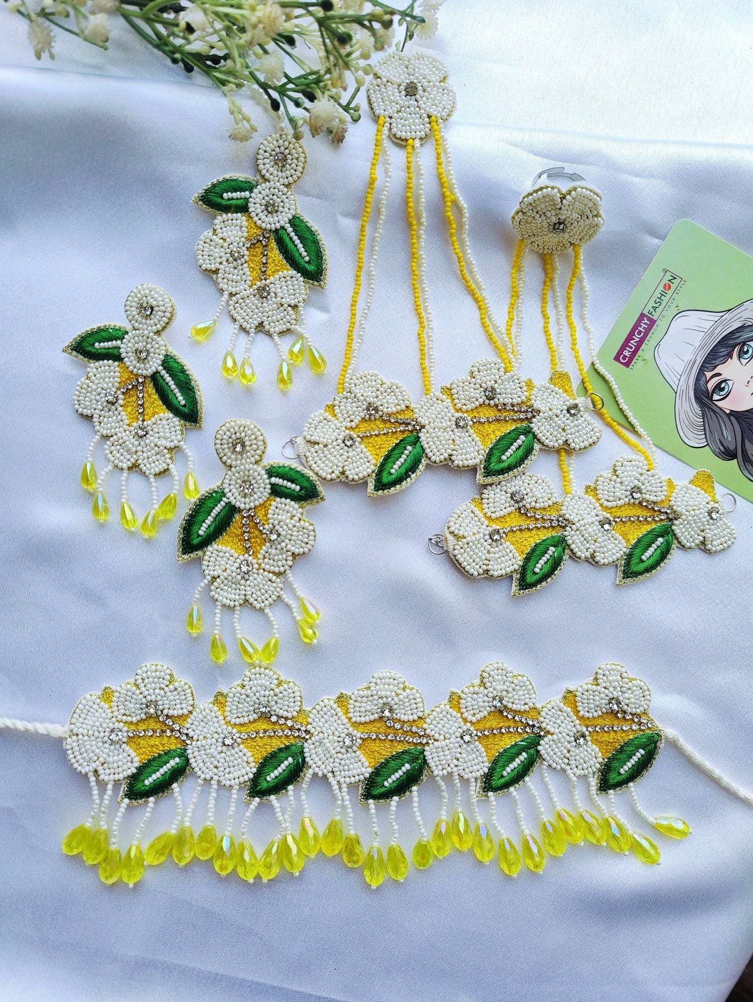 Handmade yellow-green ethnic flower-themed Carnival Jewellery set, ideal for brides at haldi-mehndi ceremonies
