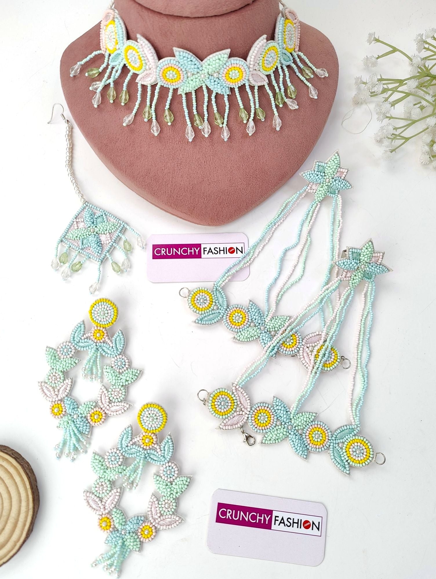 Handmade mint green, sea blue, and yellow beaded pearl jewellery set, ideal for haldi or mehndi occasions in weddings