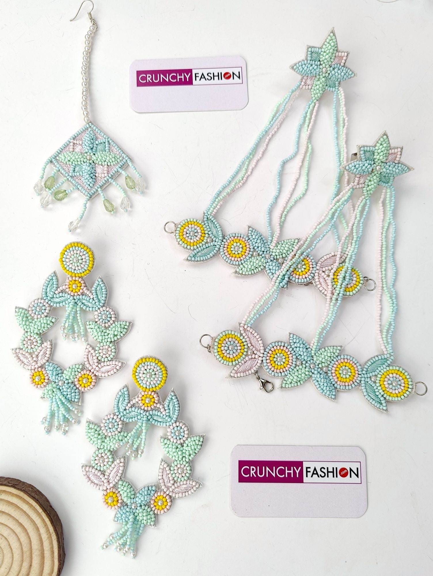 Handmade mint green, sea blue, and yellow beaded pearl jewellery set, ideal for haldi or mehndi occasions in weddings
