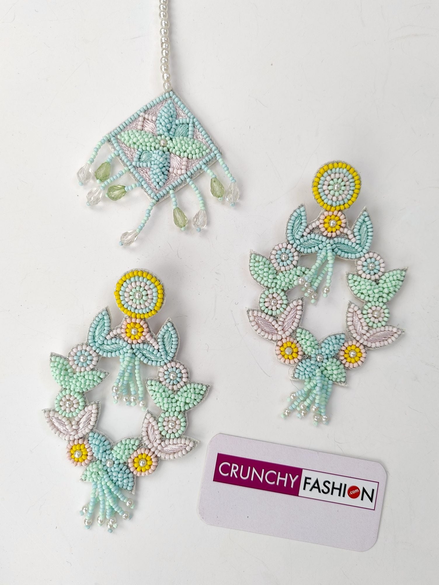Handmade mint green, sea blue, and yellow beaded pearl jewellery set, ideal for haldi or mehndi occasions in weddings
