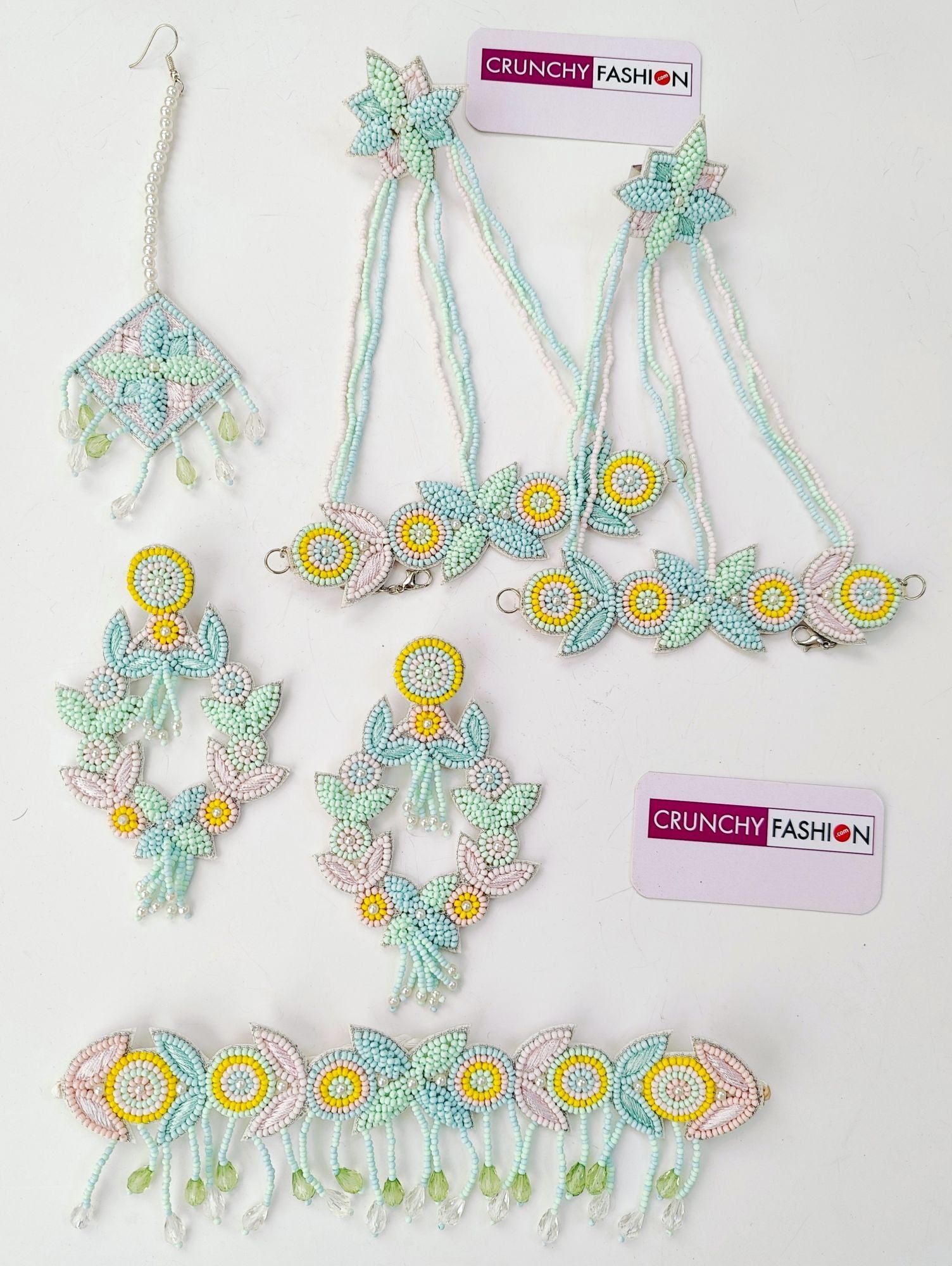 Handmade mint green, sea blue, and yellow beaded pearl jewellery set, ideal for haldi or mehndi occasions in weddings