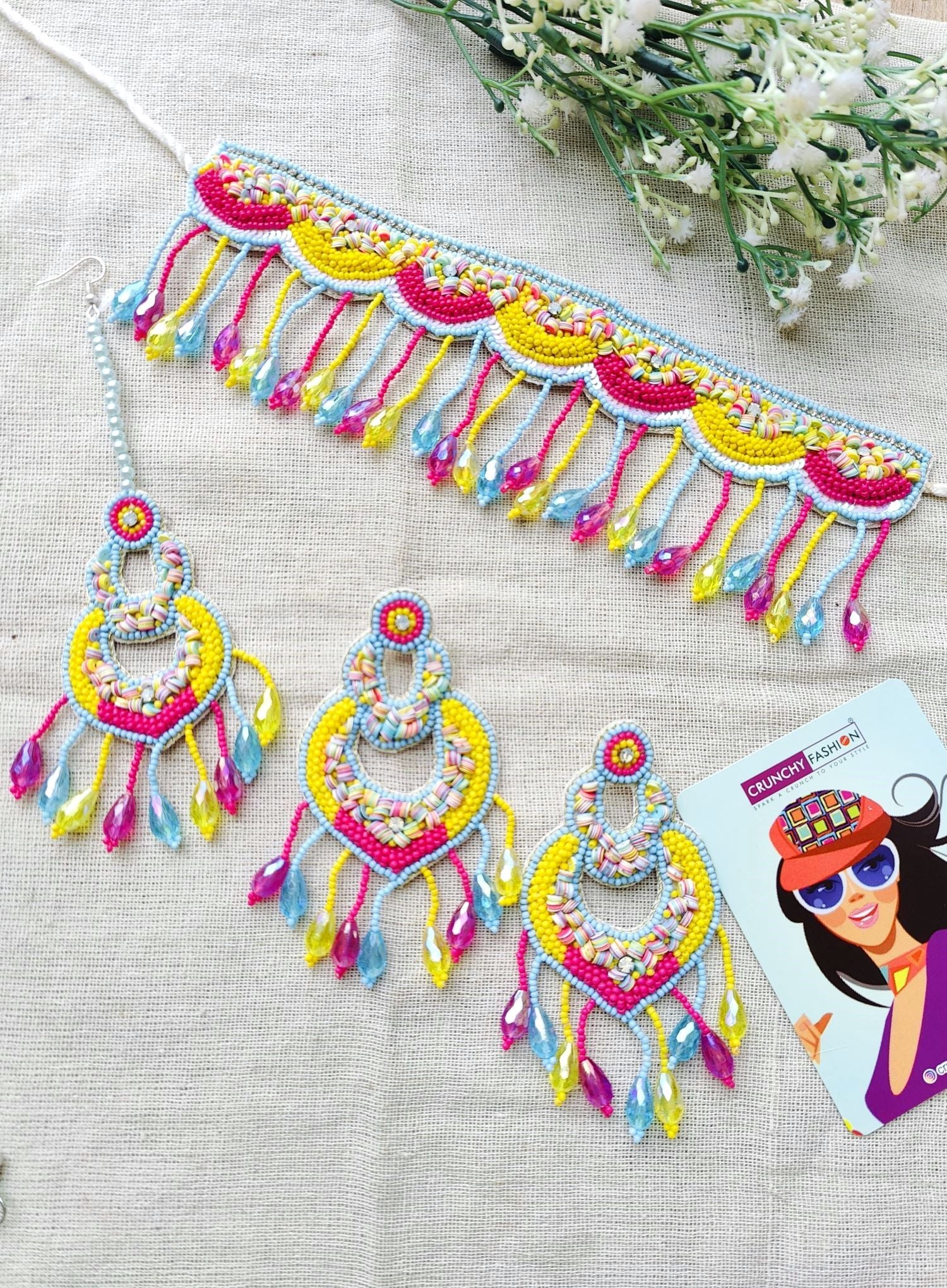 Handmade traditional pink haldi bridal jewellery set with beaded and pearl accents, ideal for women and girls on wedding occasions and haldi ceremonies