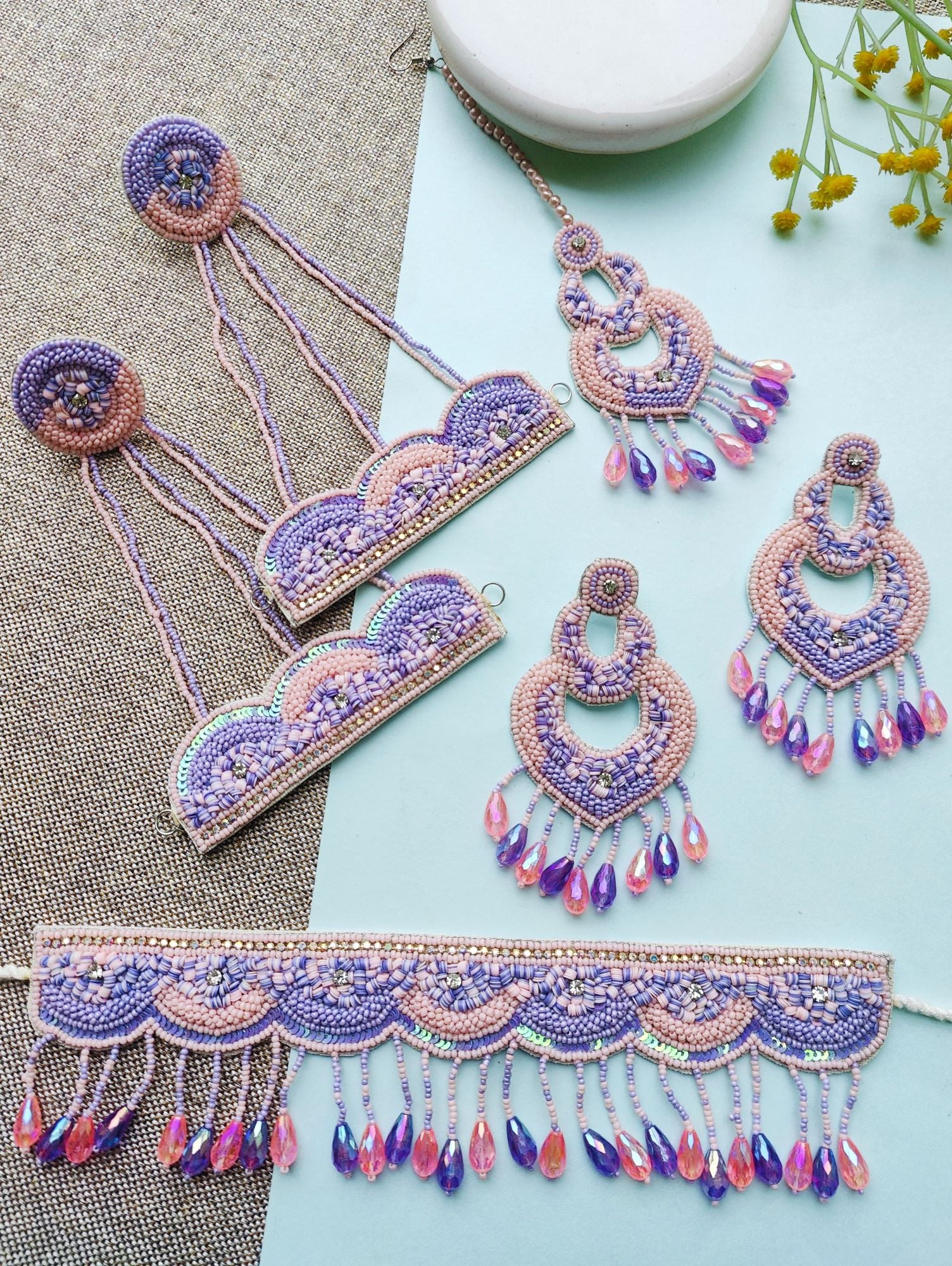Lavender-Peach Beaded Handmade Floral Jewellery Set for haldi, Mehndi, Carnival