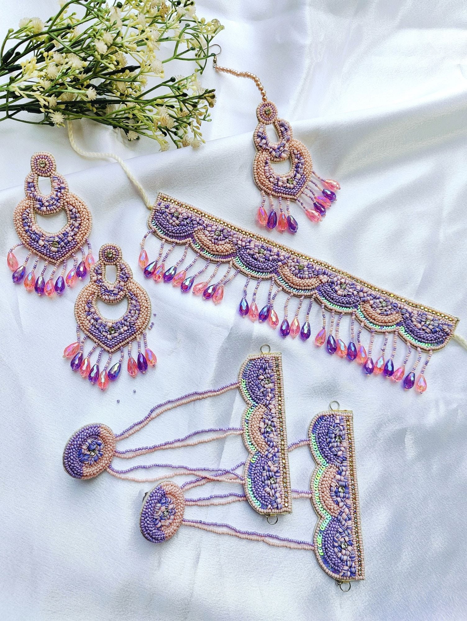 Handmade Lavender-Purple beaded floral jewellery set for haldi-Mehndi