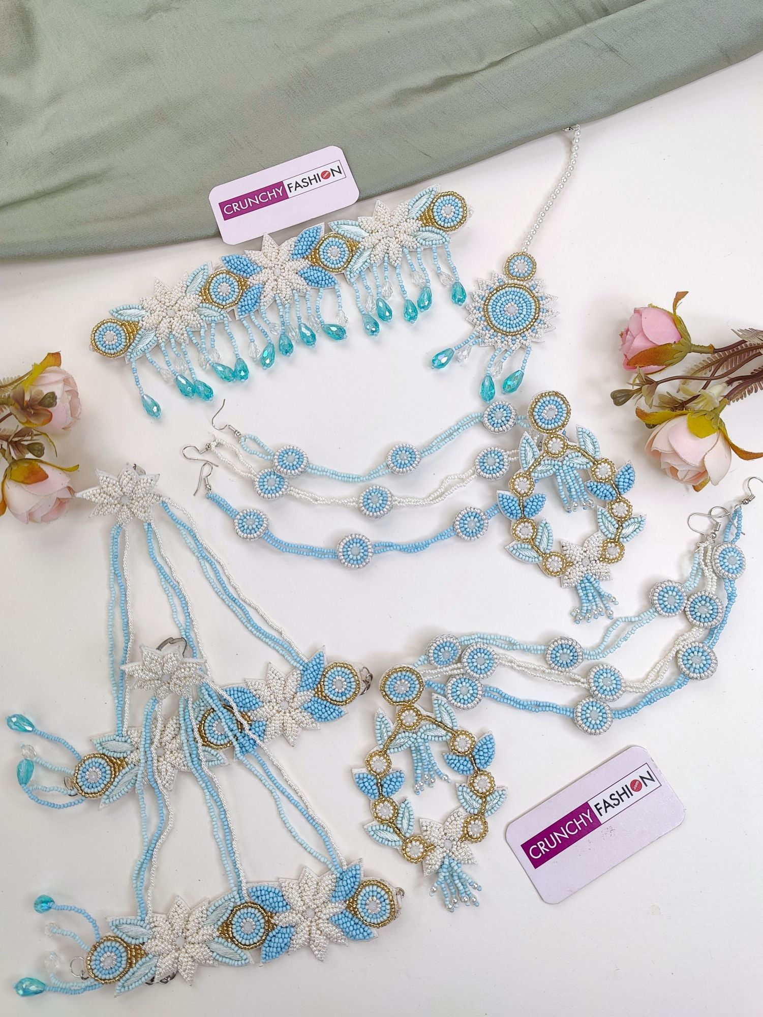 Powder Blue Handmade Carnival Pearl Jewellery Set for Haldi-Mehndi