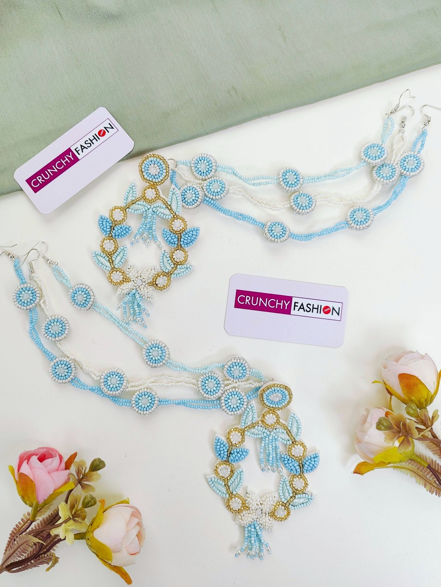 Powder Blue Handmade Carnival Pearl Jewellery Set for Haldi-Mehndi