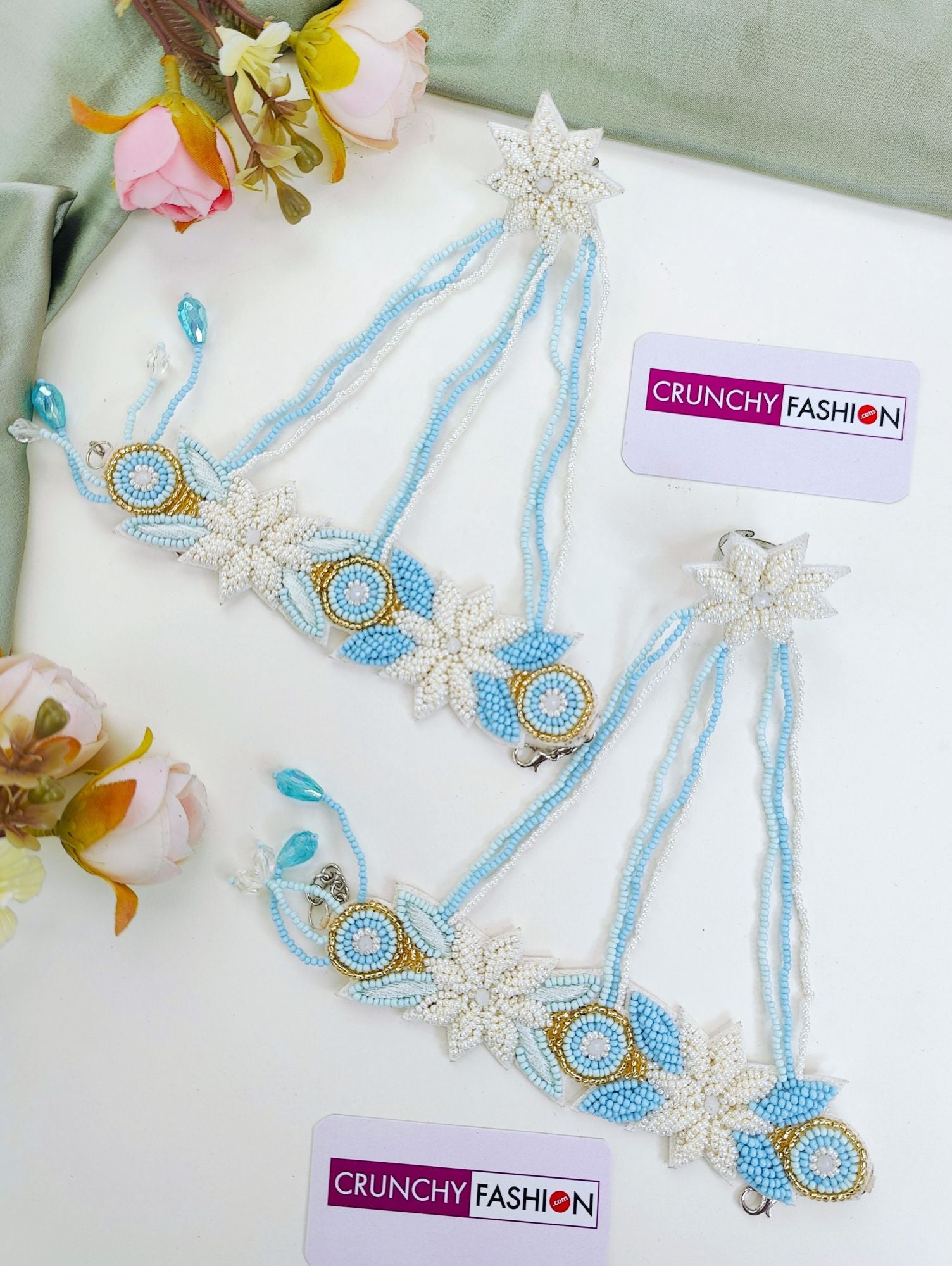 Powder Blue Handmade Carnival Pearl Jewellery Set for Haldi-Mehndi