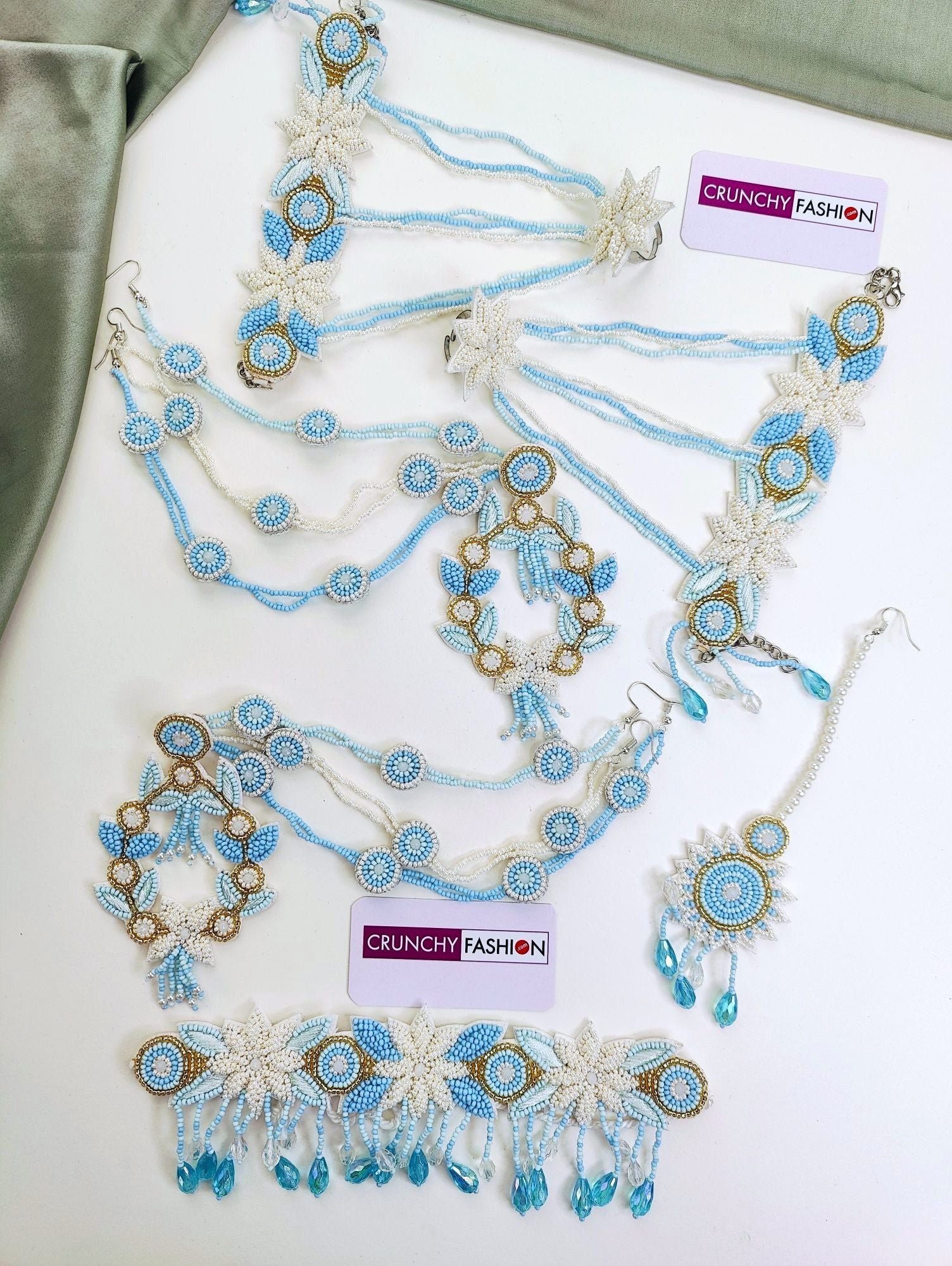 Powder Blue Handmade Designer Carnival Pearl Bridal Jewellery Set for Haldi-Mehndi Occasions