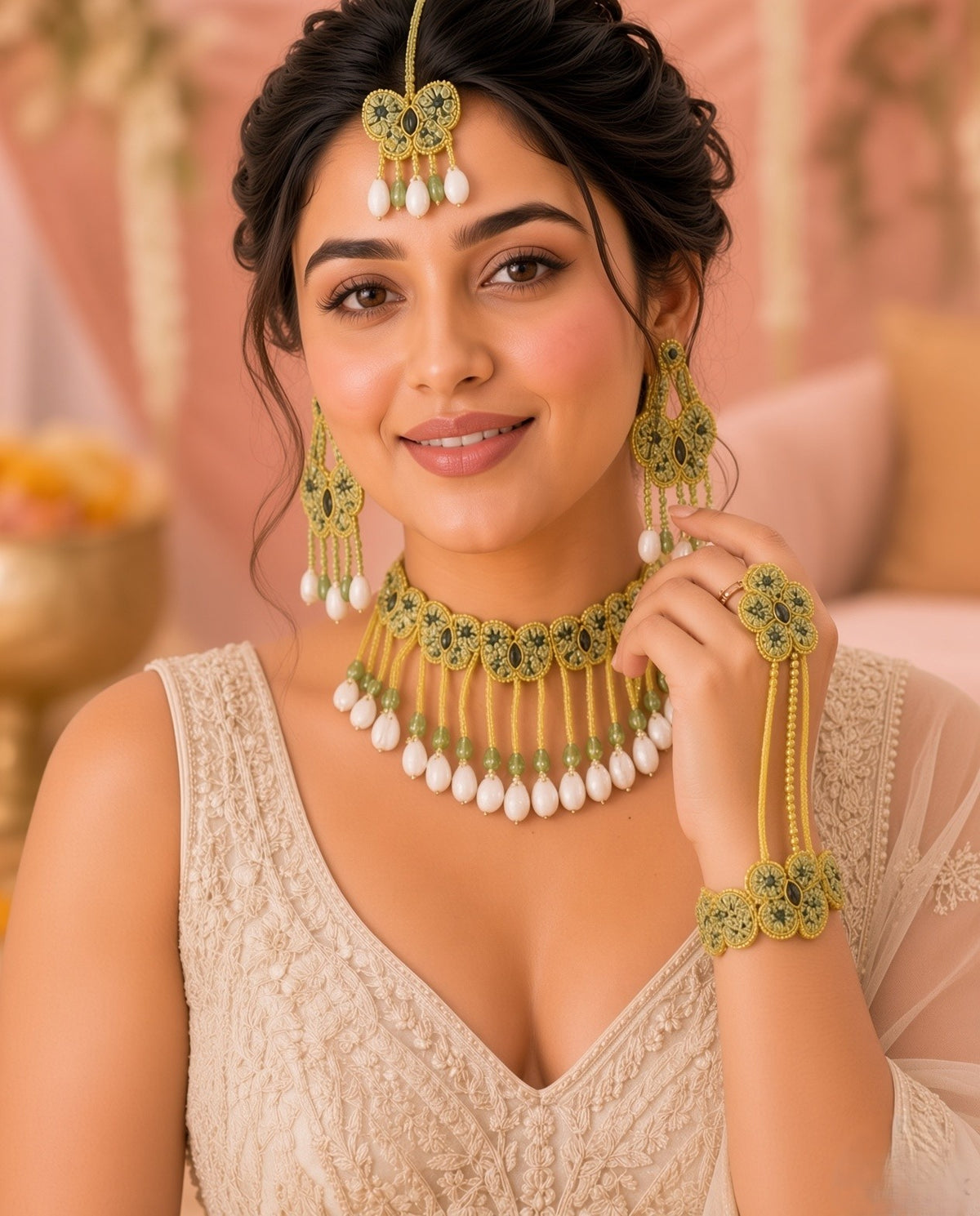 Green-Blue Butterfly Sea Shell Haldi Mehndi Jewellery Set for Bride, Bridemaids