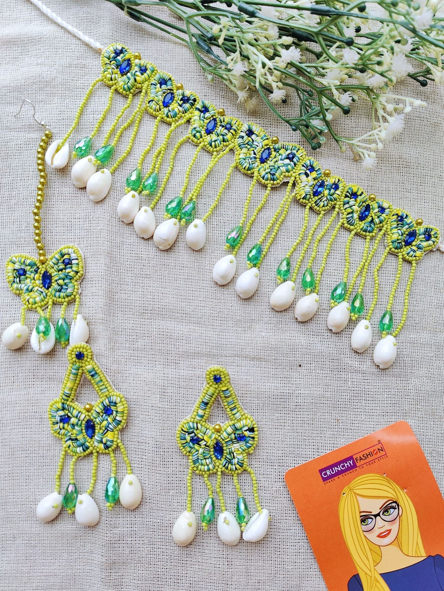 Handcrafted green haldi mehndi bridal jewellery set, fashionably beaded with pearls & shells, perfect for wedding and haldi ceremony