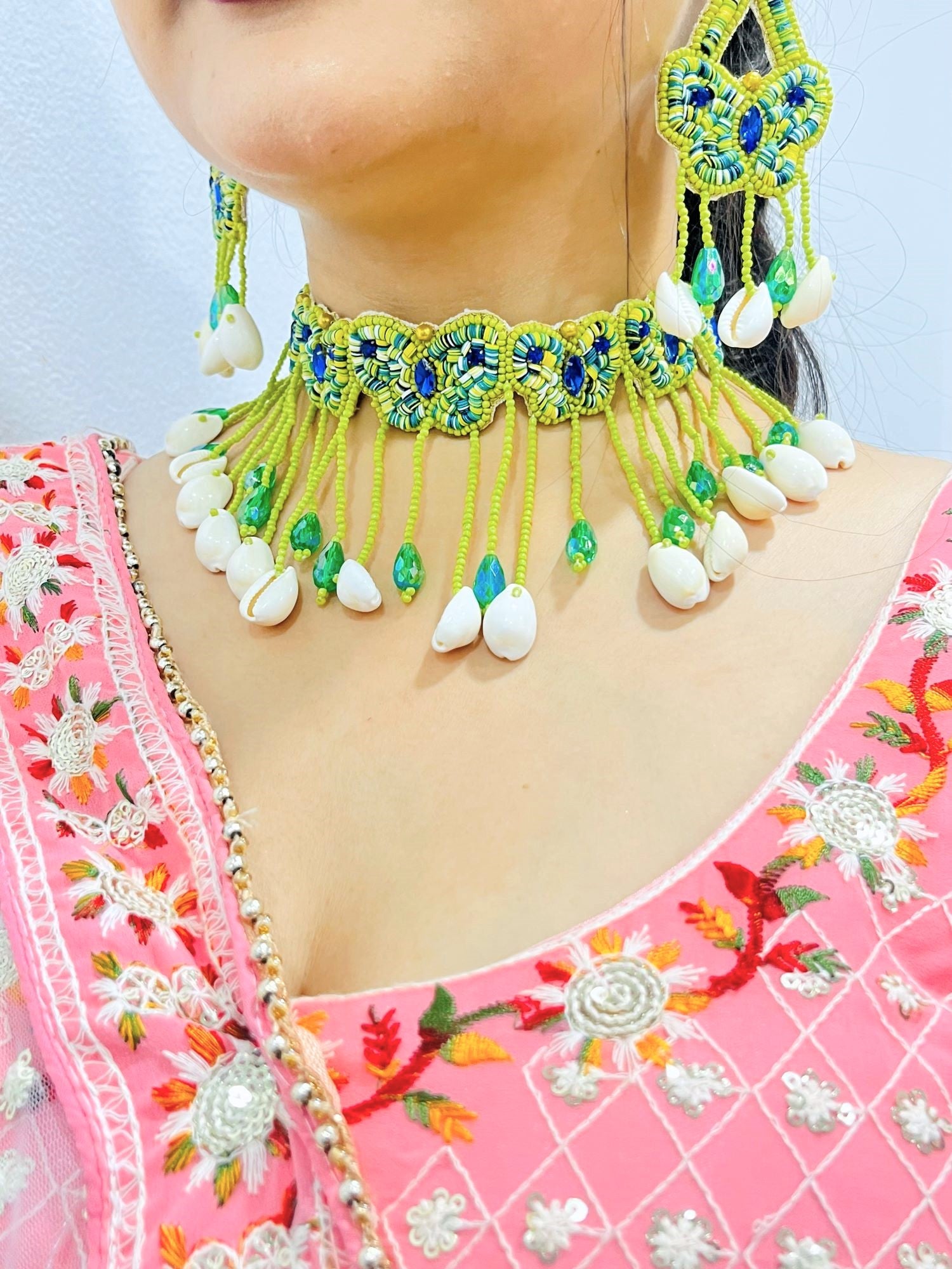 Green-Blue Butterfly Sea Shell Haldi Mehndi Jewellery Set for Bride, Bridemaids