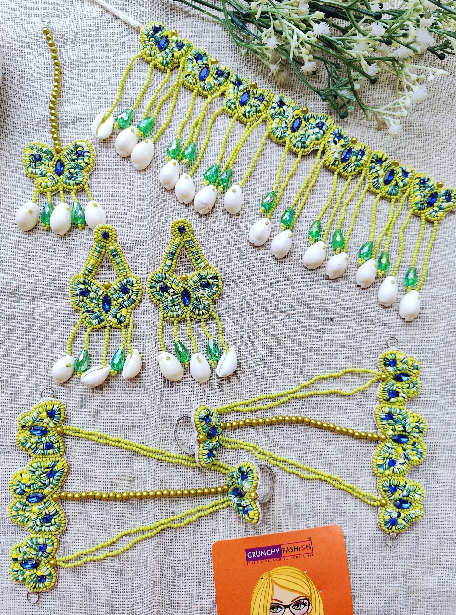 Handcrafted green haldi mehndi bridal jewellery set, fashionably beaded with pearls & shells, perfect for wedding and haldi ceremony