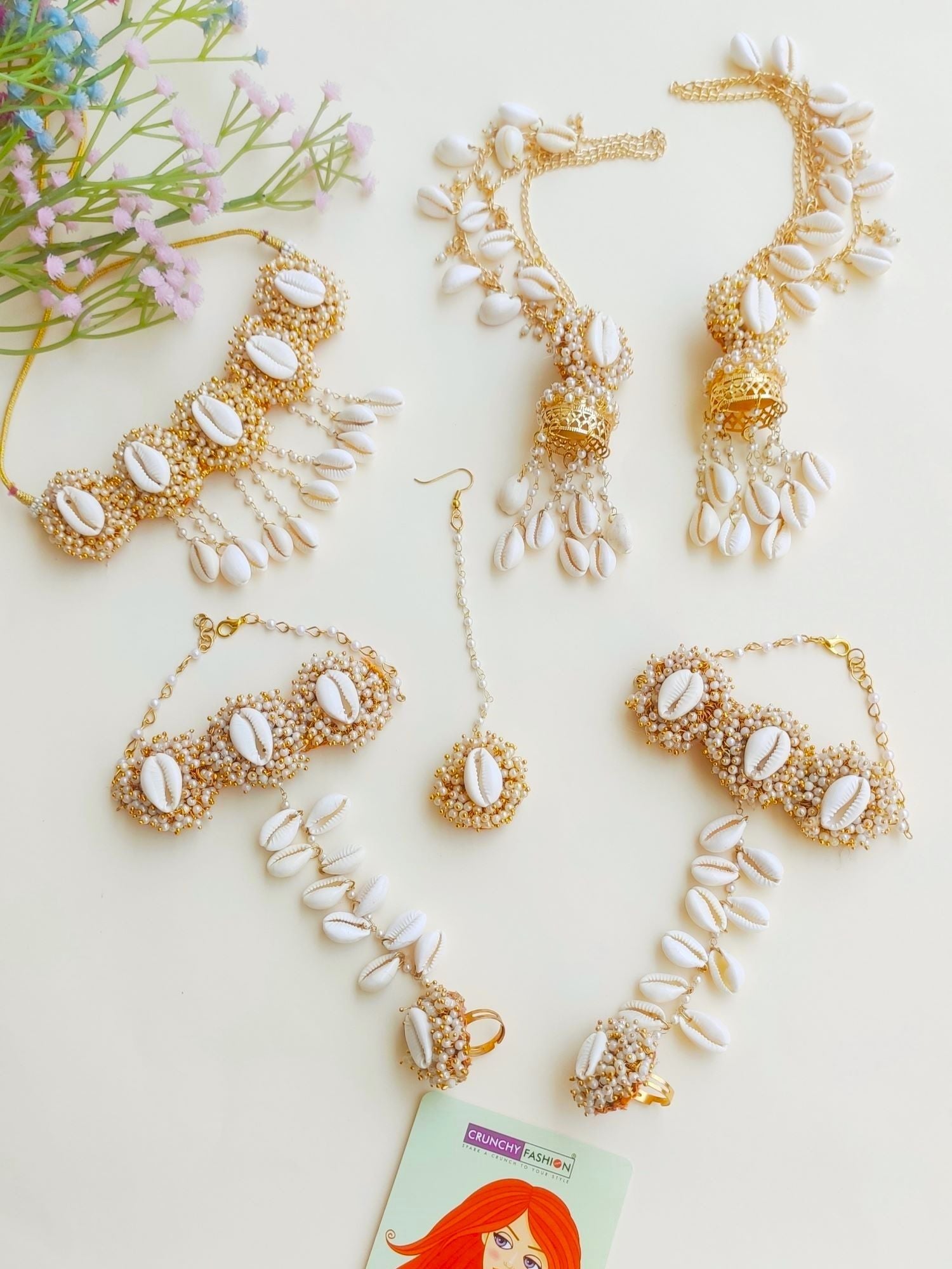 White Shell/Kodi drops Pearl Haldi-Mehndi Jewellery Set for Weddings