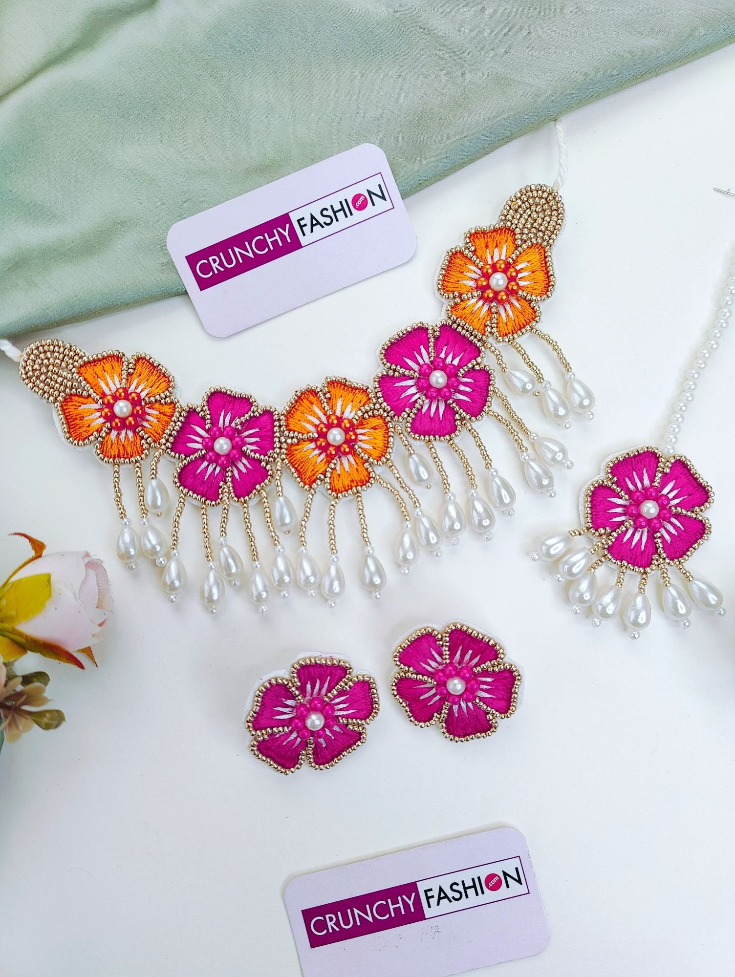 Blossom Pink-Orange Floral Handmade Jewellery Set for Haldi-Mehndi