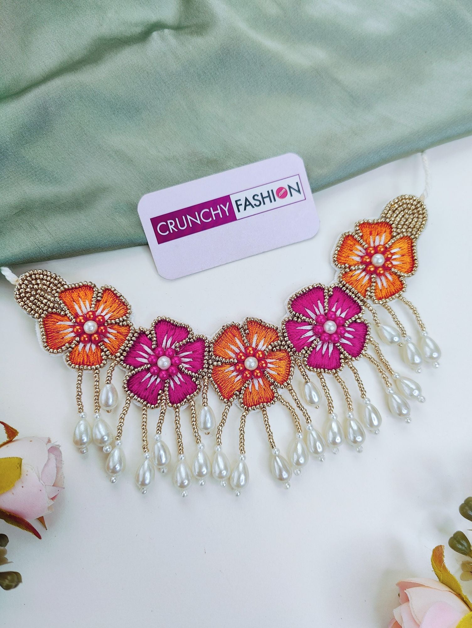 Blossom Pink-Orange Floral Handmade Jewellery Set for Haldi-Mehndi