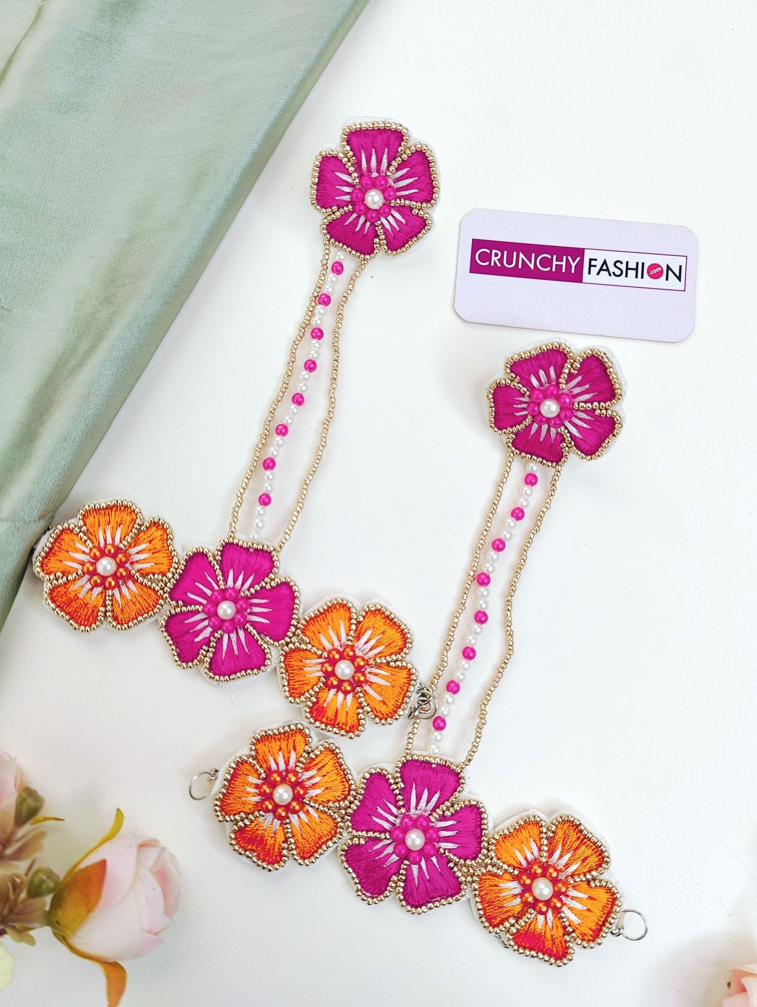 Blossom Pink-Orange Floral Handmade Jewellery Set for Haldi-Mehndi