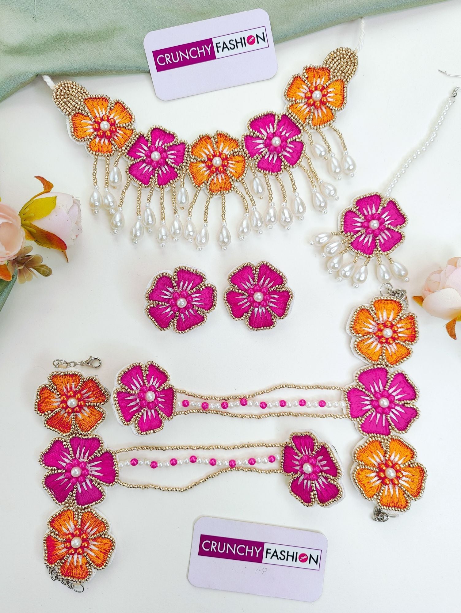 Handmade Blossom Pink-Orange Floral Designer Carnival Jewellery set for Brides, suited for Wedding and Haldi ceremonies