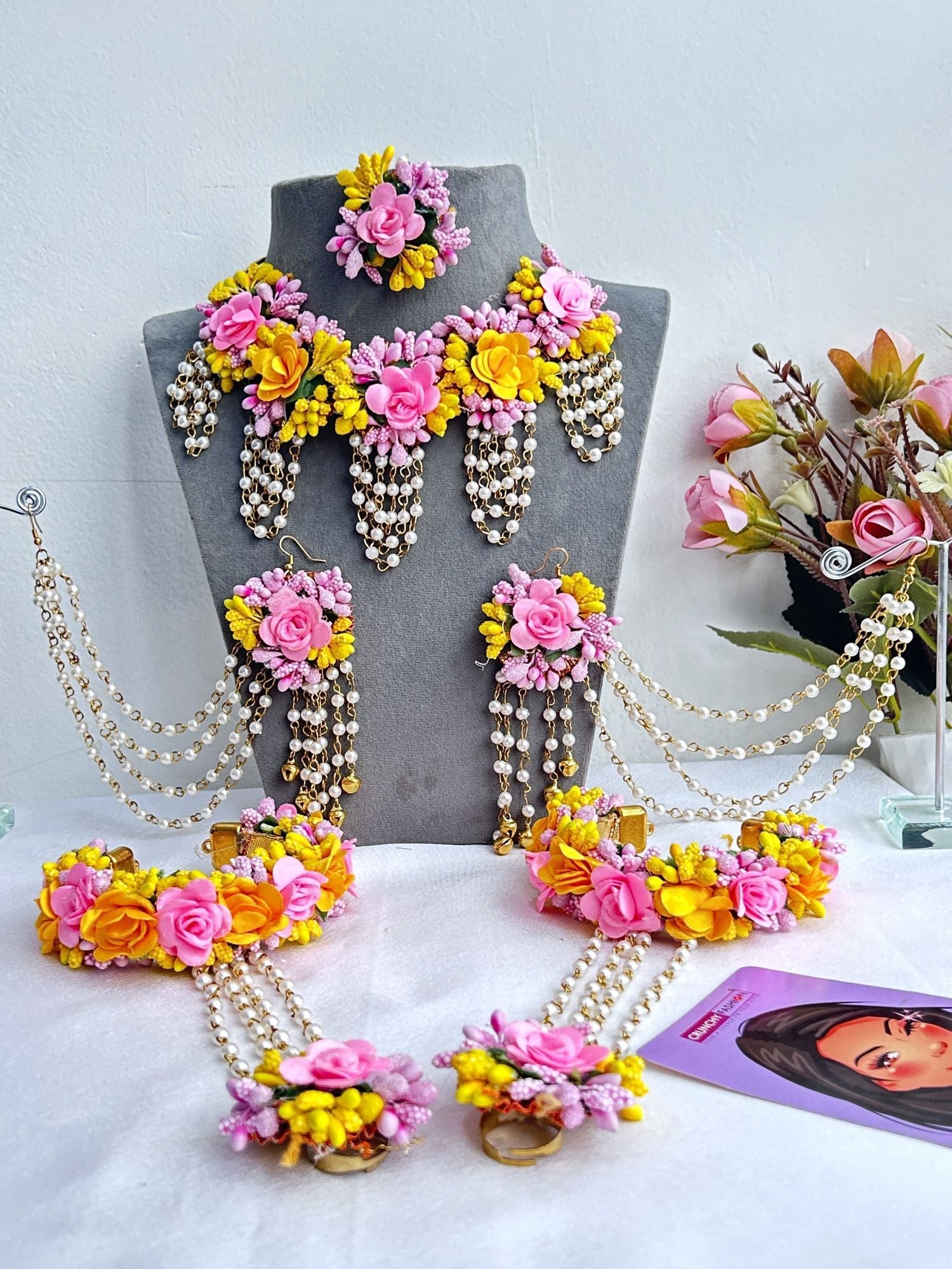 Haldi Mehndi Haldi Jewellery With Price Yellow-Baby Pink Floral