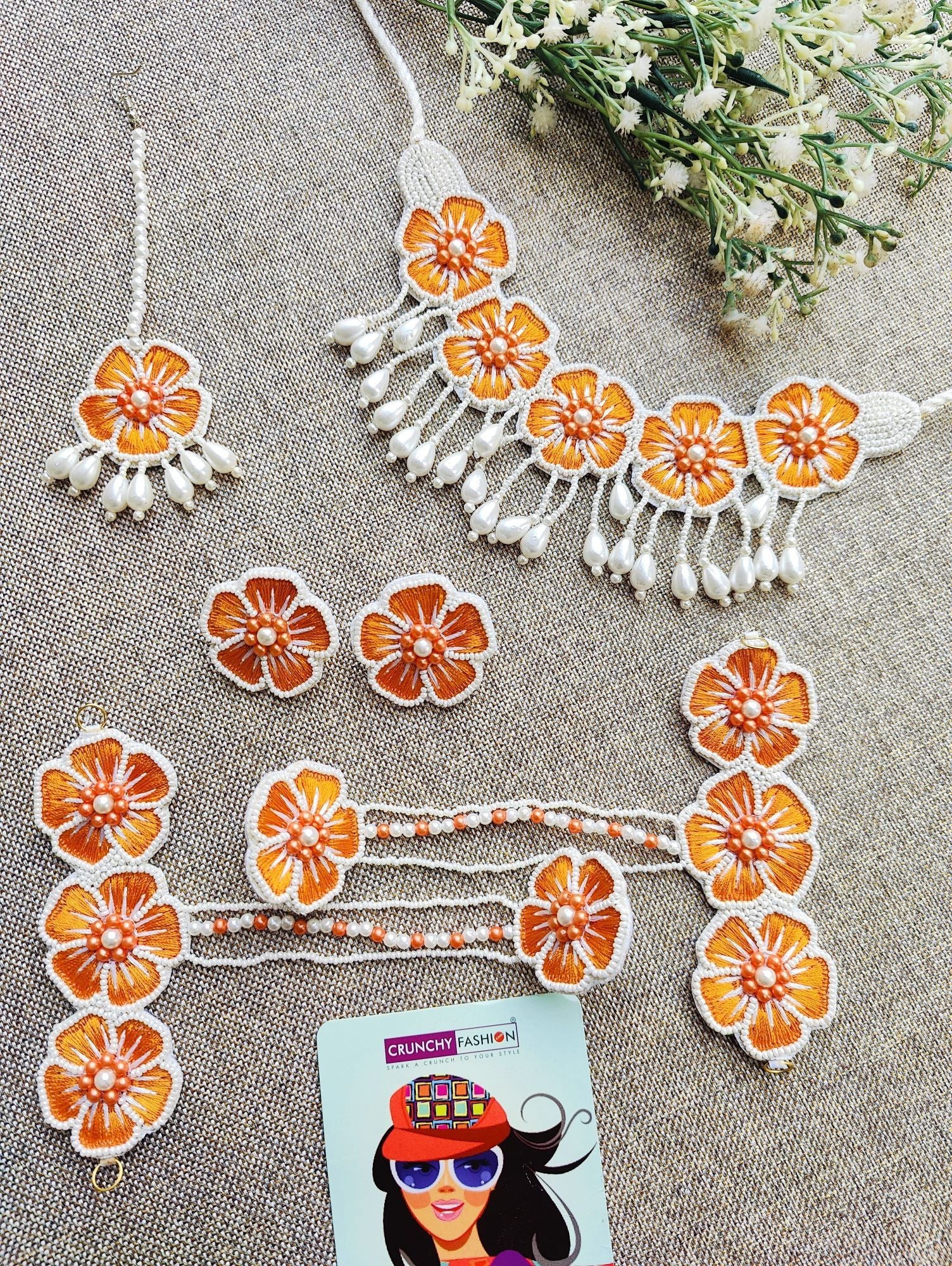 Handmade Rusted Orange flower jewellery set for haldi and Mehndi ceremonies