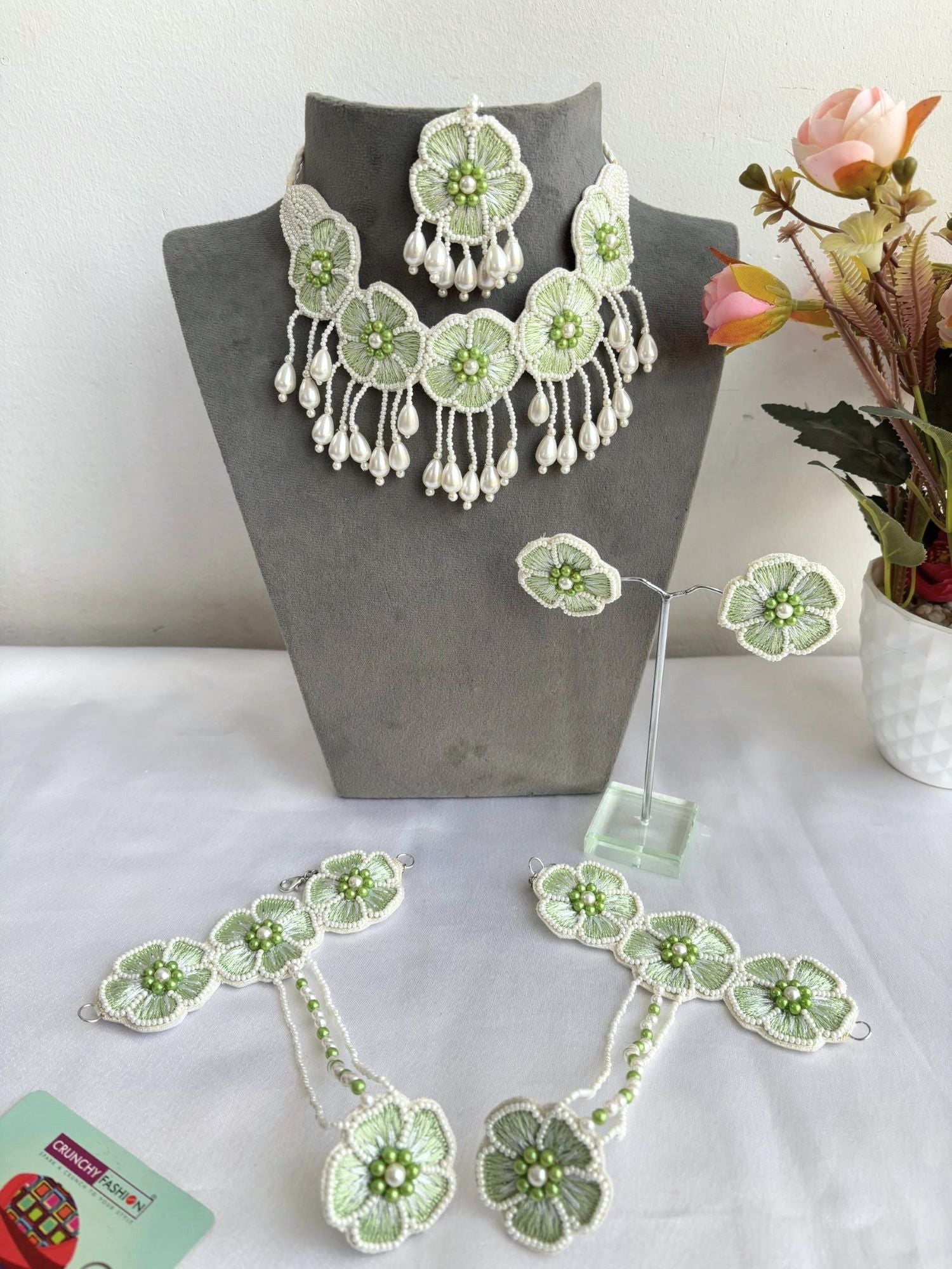 Handmade light green Haldi-Mehndi Jewellery Set with floral design, ideal for weddings or Haldi ceremonies.