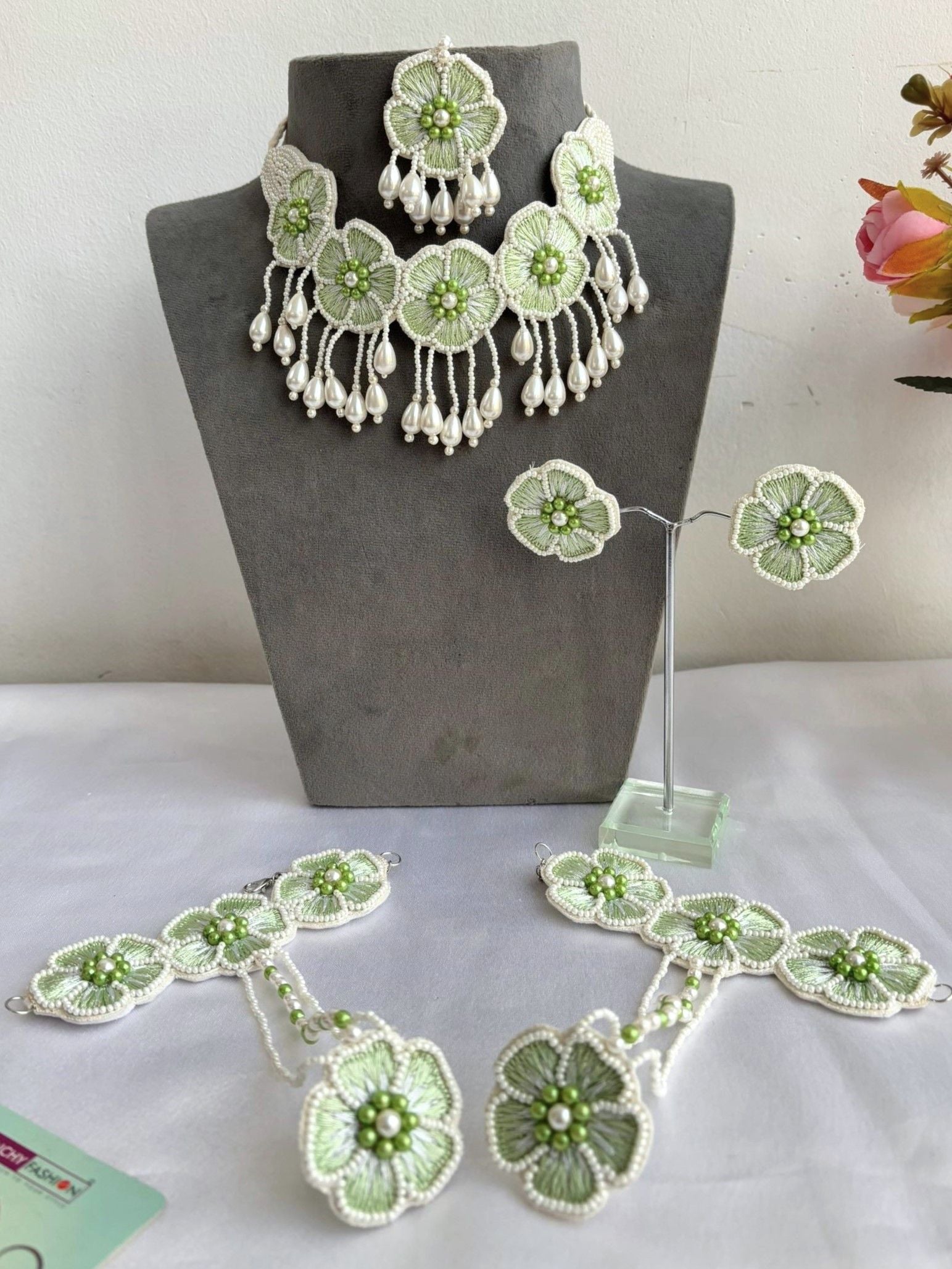 Handmade light green Haldi-Mehndi Jewellery Set with floral design, ideal for weddings or Haldi ceremonies.