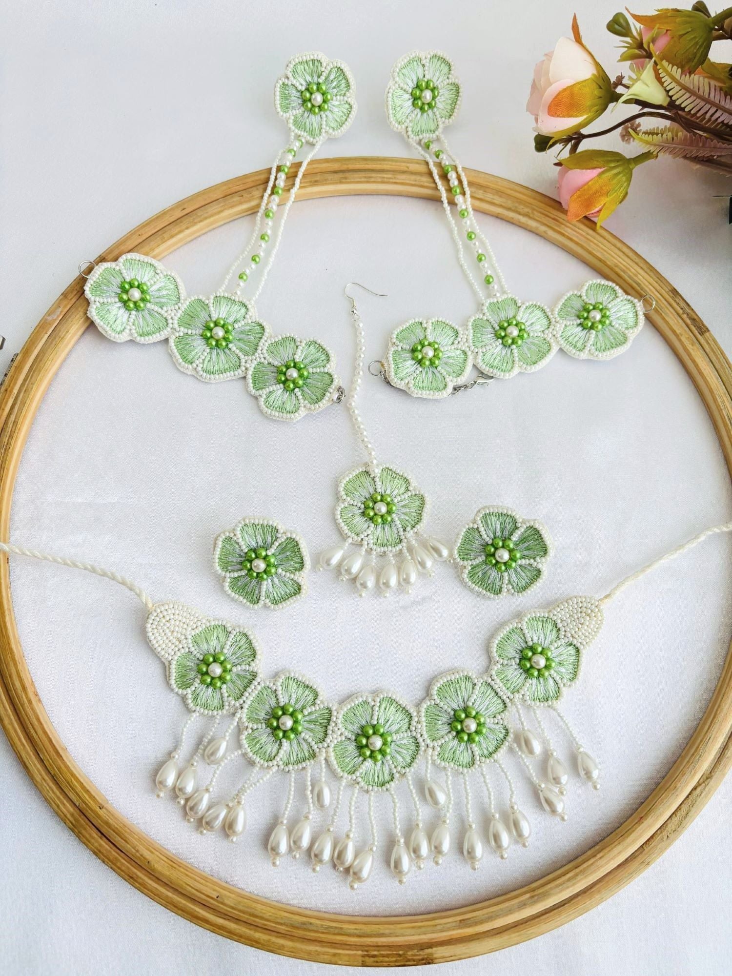 Handmade light green Haldi-Mehndi Jewellery Set with floral design, ideal for weddings or Haldi ceremonies.