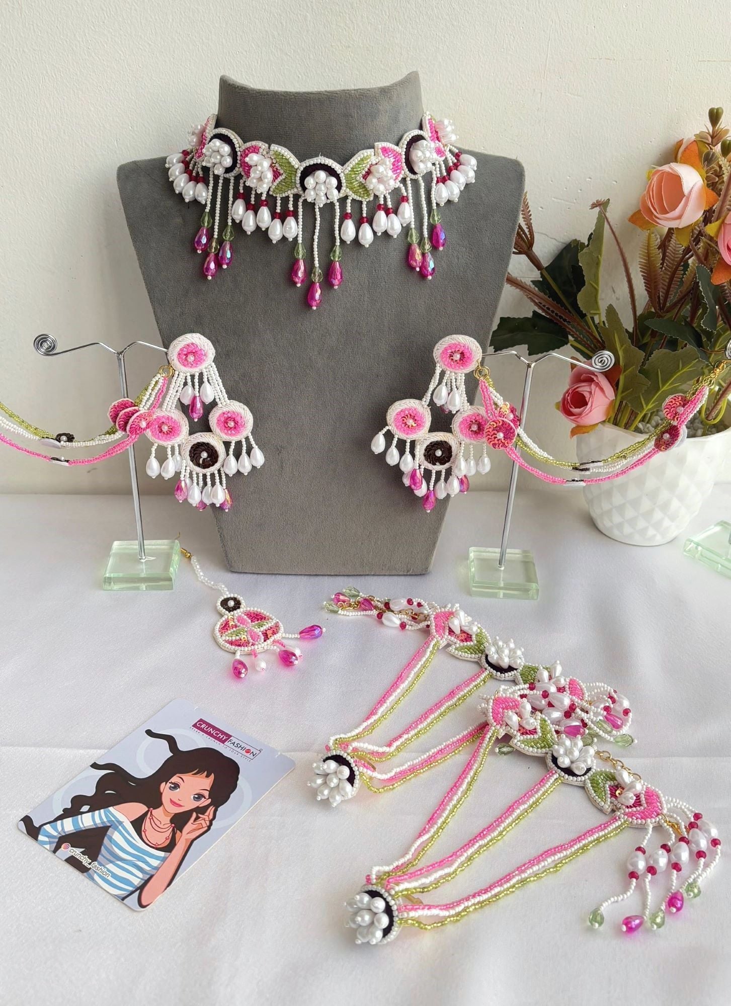 Kanika Haldi Jewellery Set- Pastel Pink-Green Necklac Full Necklace Set with Ear Chains