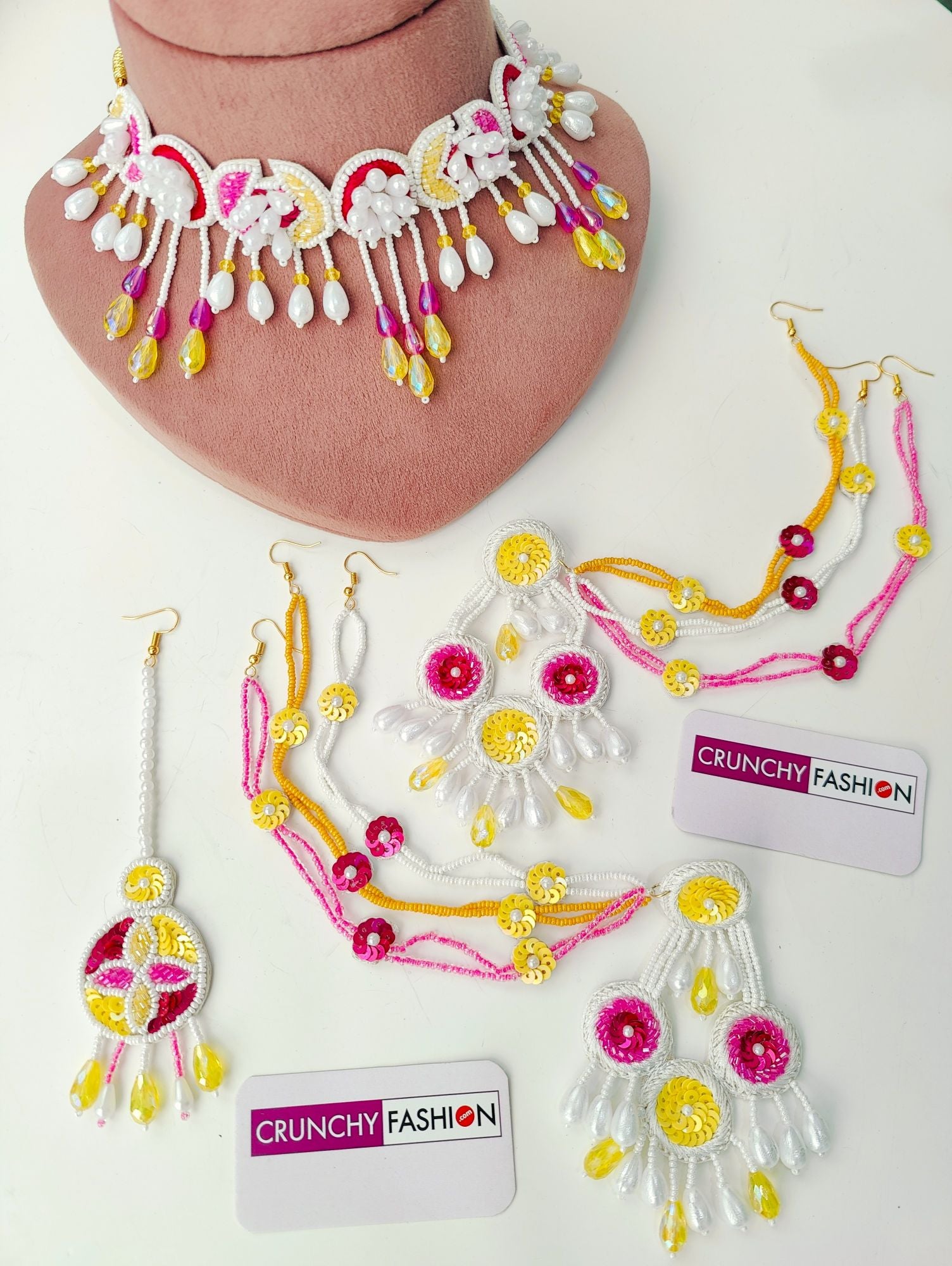 Kanika Haldi Jewellery Set- Pastel Pink-Green Necklac Full Necklace Set with Ear Chains