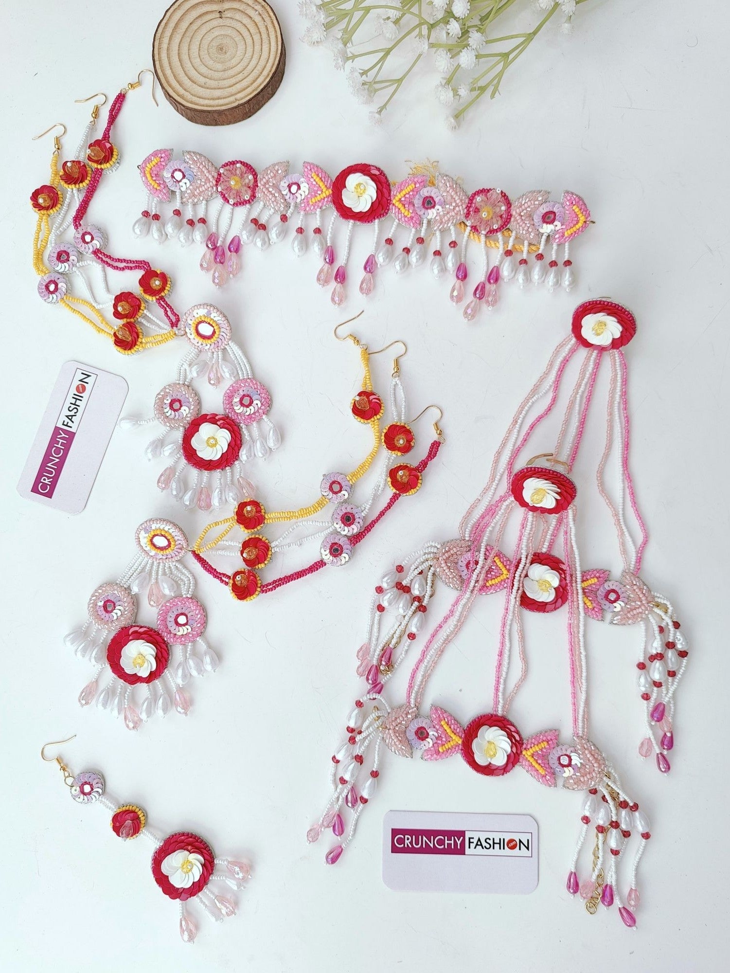 Kanika Haldi Jewellery Set- Pastel Pink-Green Necklac Full Necklace Set with Ear Chains