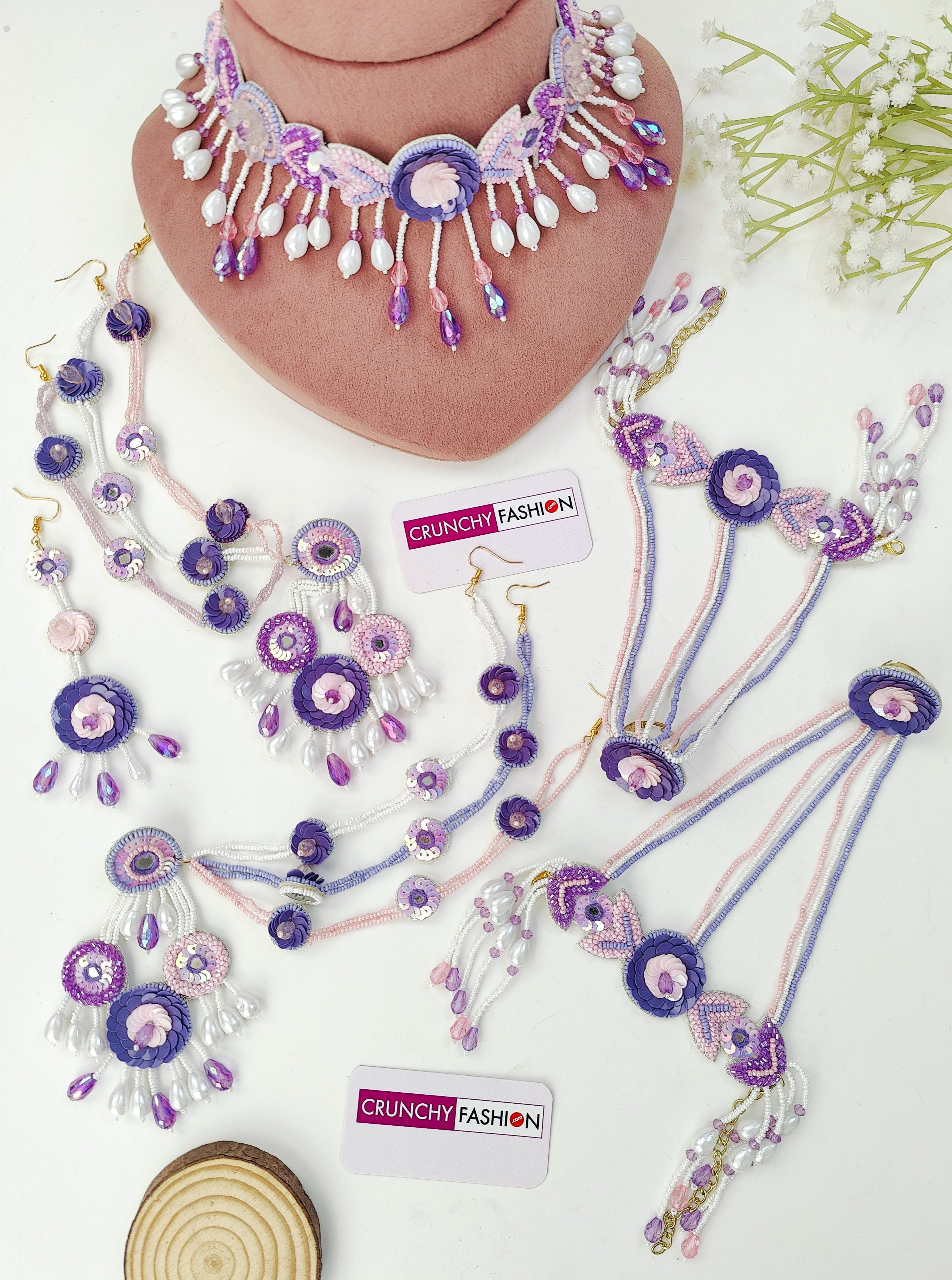 Kanika Haldi Jewellery Set- Pastel Pink-Green Necklac Full Necklace Set with Ear Chains