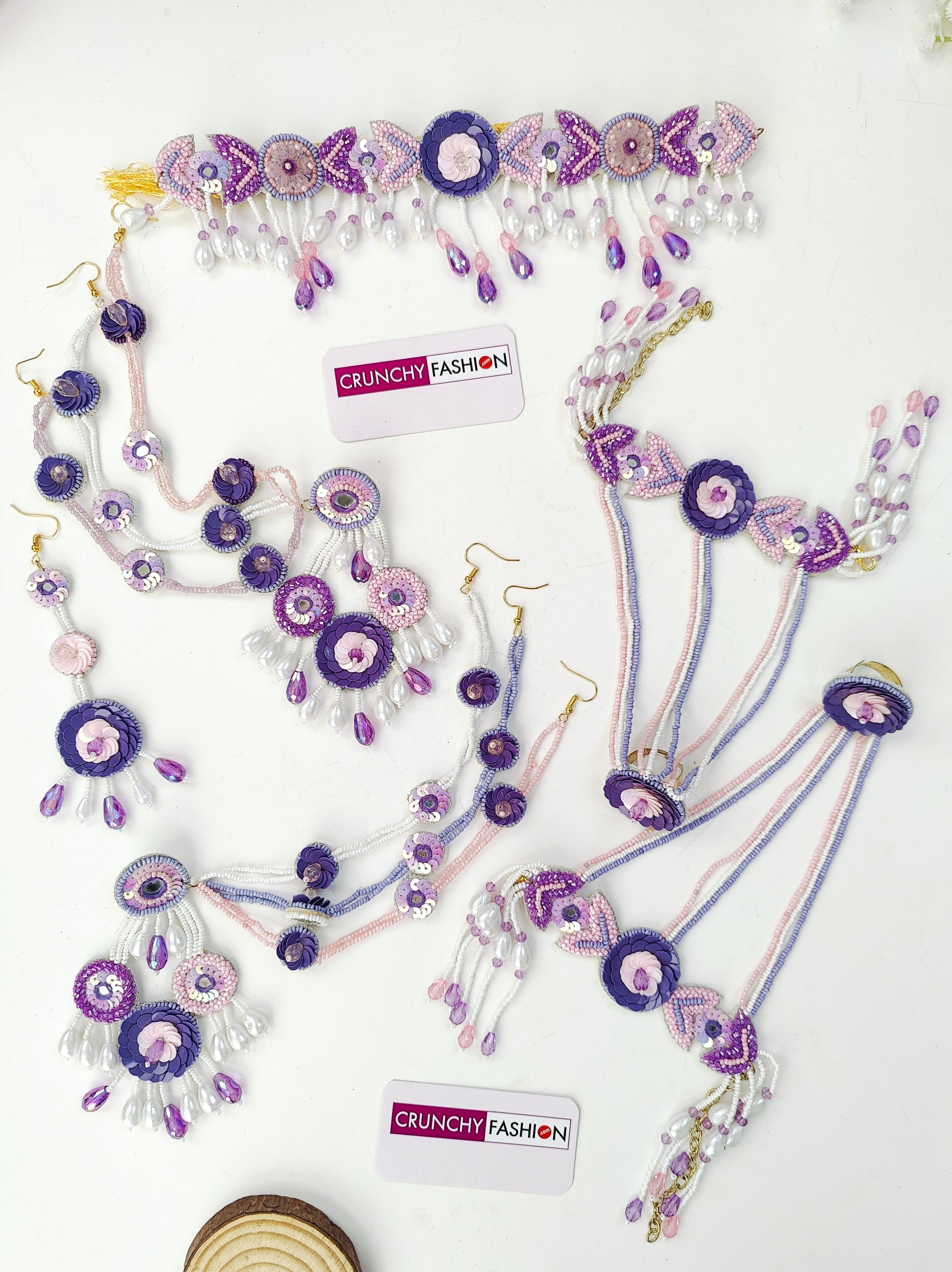 Kanika Haldi Jewellery Set- Pastel Pink-Green Necklac Full Necklace Set with Ear Chains