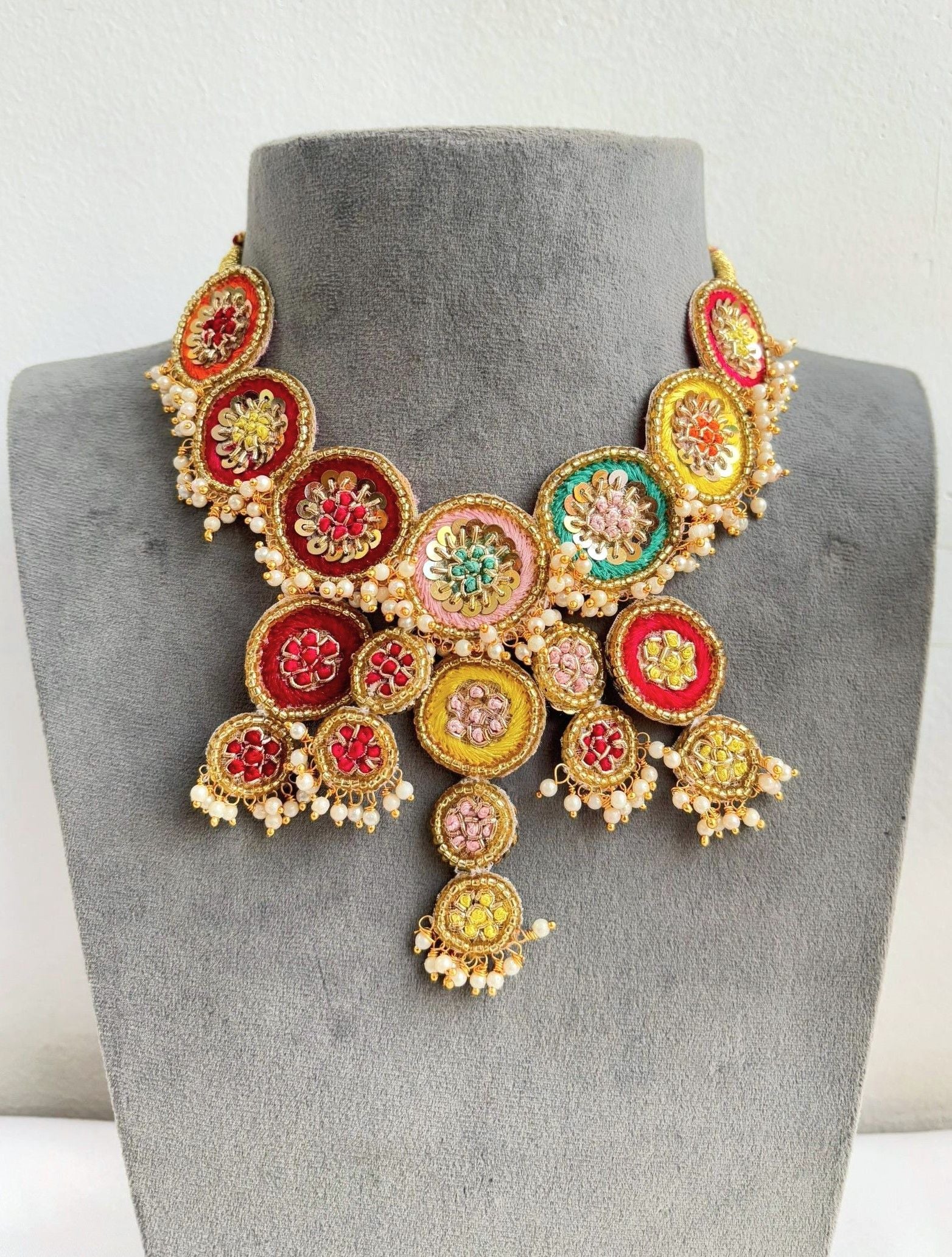 Multicolor handmade flower beaded bridal haldi-mehndi jewellery set for women and girls, ideal for weddings and festivals