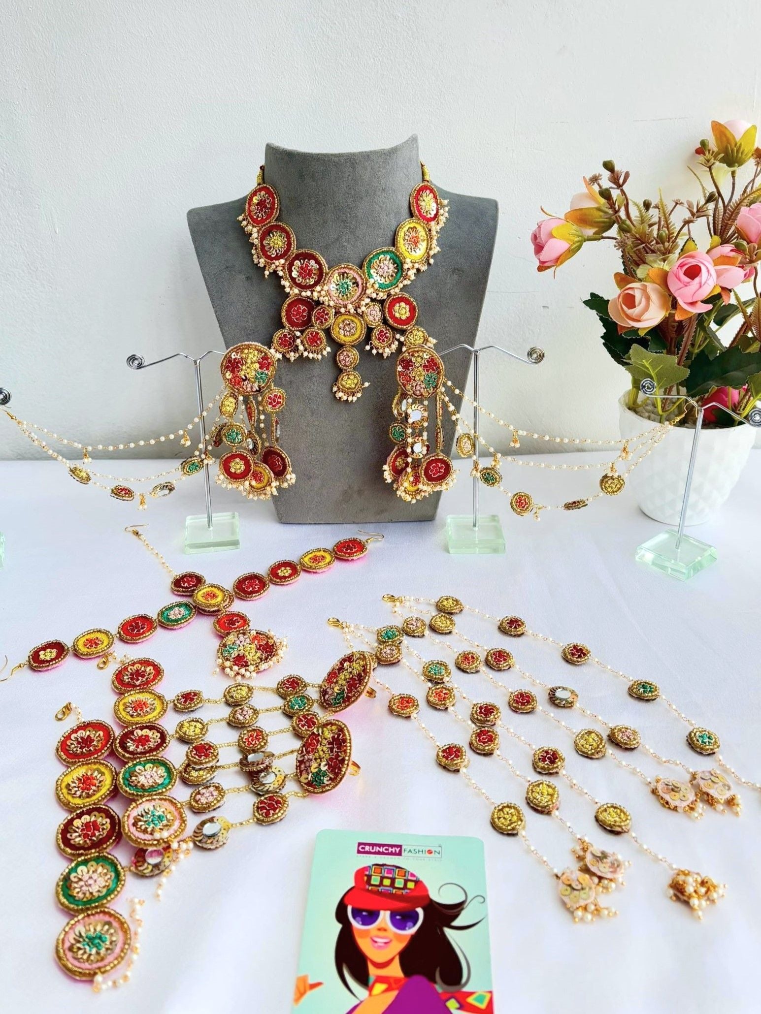 Multicolor handmade flower beaded bridal haldi-mehndi jewellery set for women and girls, ideal for weddings and festivals