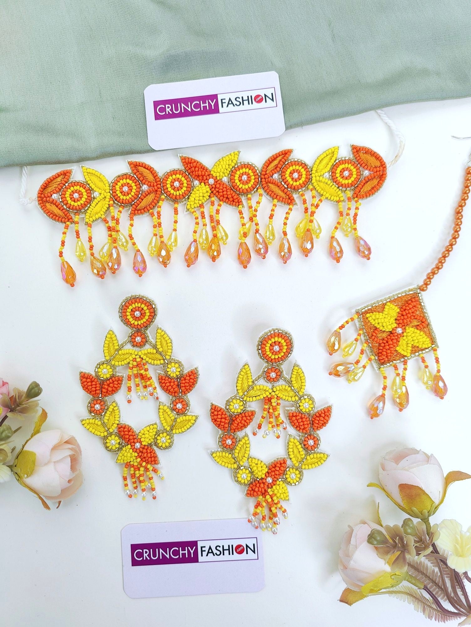 Yellow-Orange Handmade Beaded Jewellery Set for Haldi-Mehndi