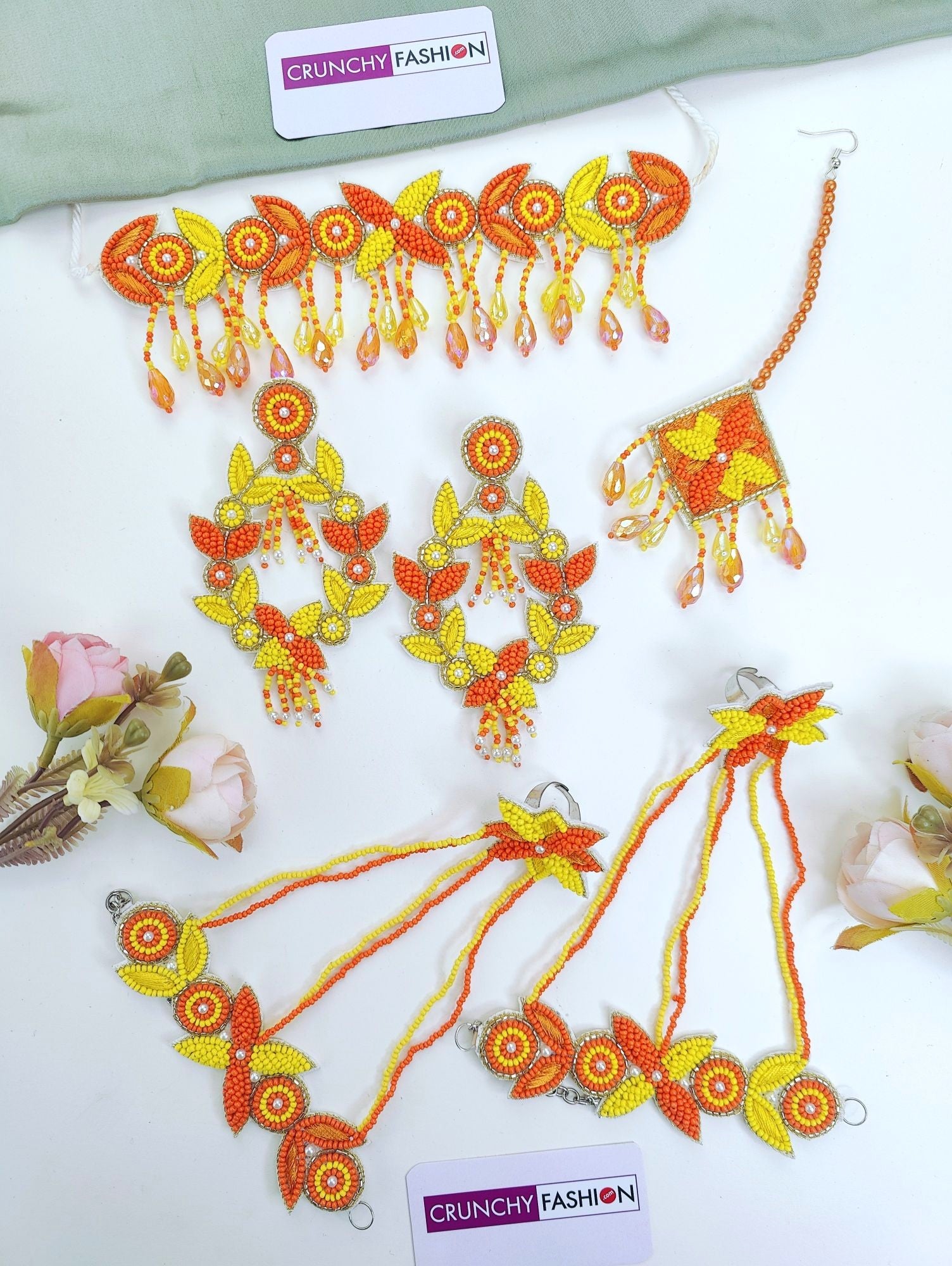 Yellow-Orange Handmade Beaded Jewellery Set for Haldi-Mehndi