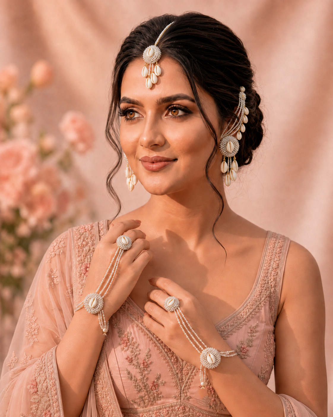 Handmade Pearl & Shell Floral Haldi-Mehndi Jewellery Set