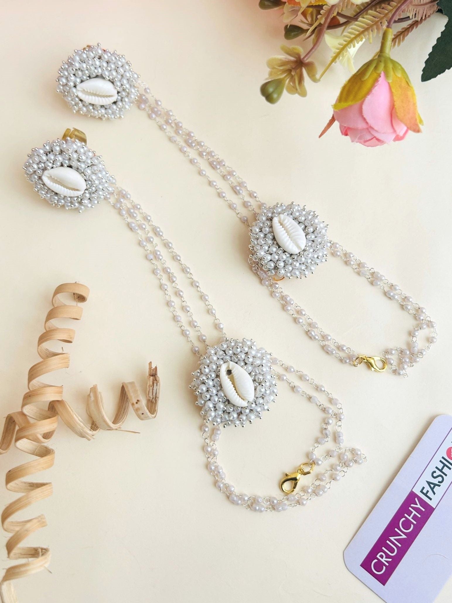 Silver Pearl & Cowrie Shell Floral Jewellery Set for Haldi-Mehndi, Handmade Ethnic Designer Haldi Set