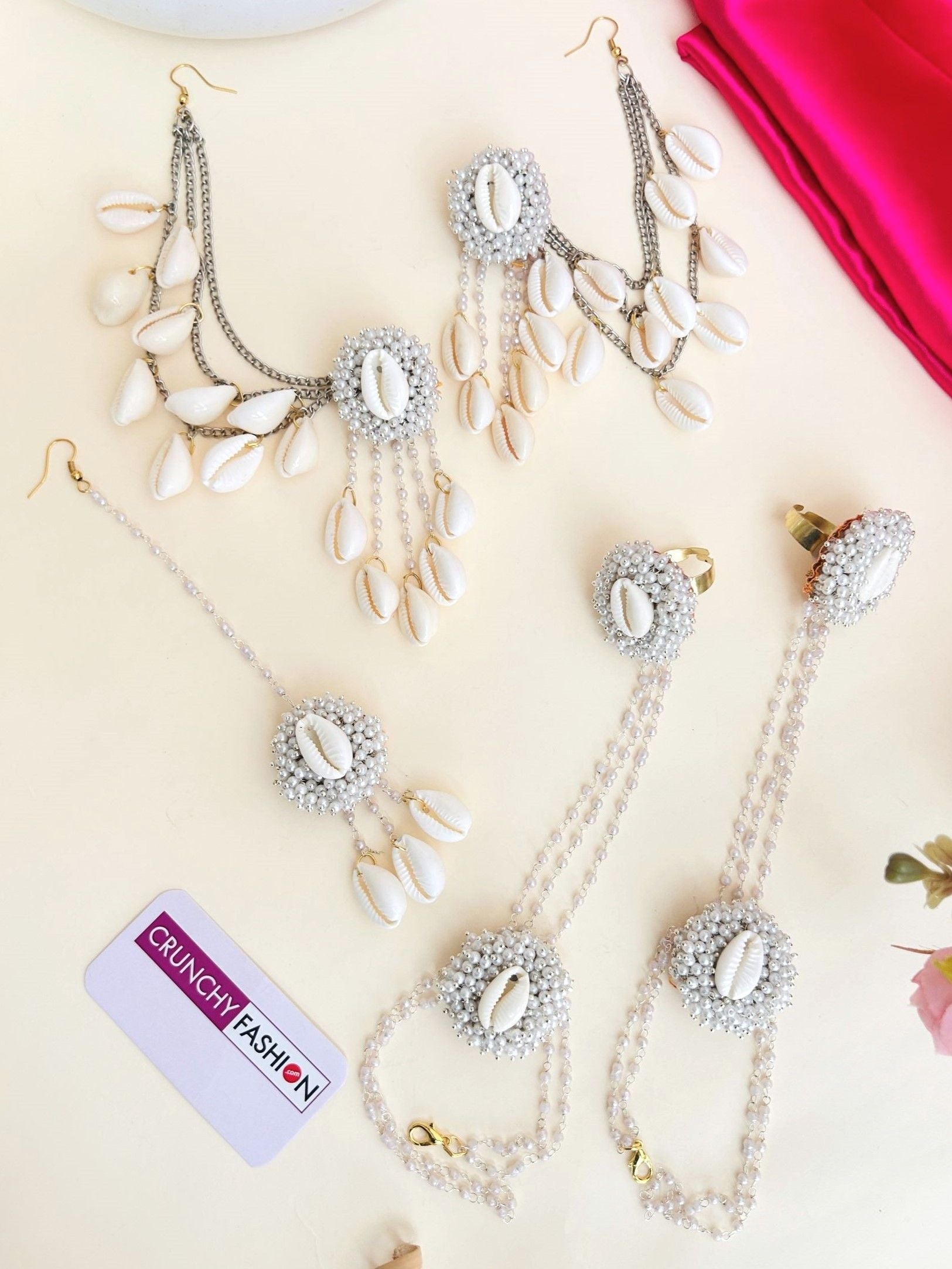 Silver Pearl & Cowrie Shell Floral Jewellery Set for Haldi-Mehndi, Handmade Ethnic Designer Haldi Set