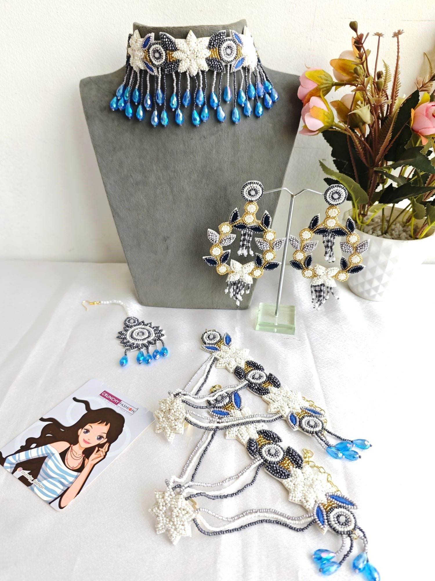 Handcrafted blue-grey floral beaded jewellery set ideal for haldi-mehndi ceremonies and weddings