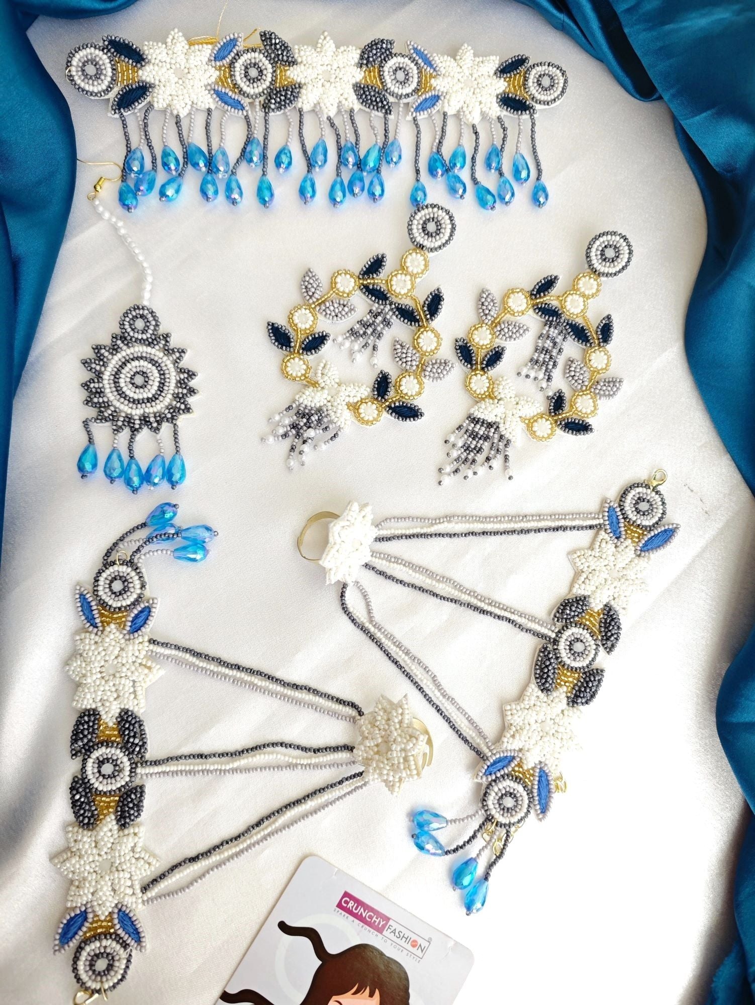 Handcrafted blue-grey floral beaded jewellery set ideal for haldi-mehndi ceremonies and weddings