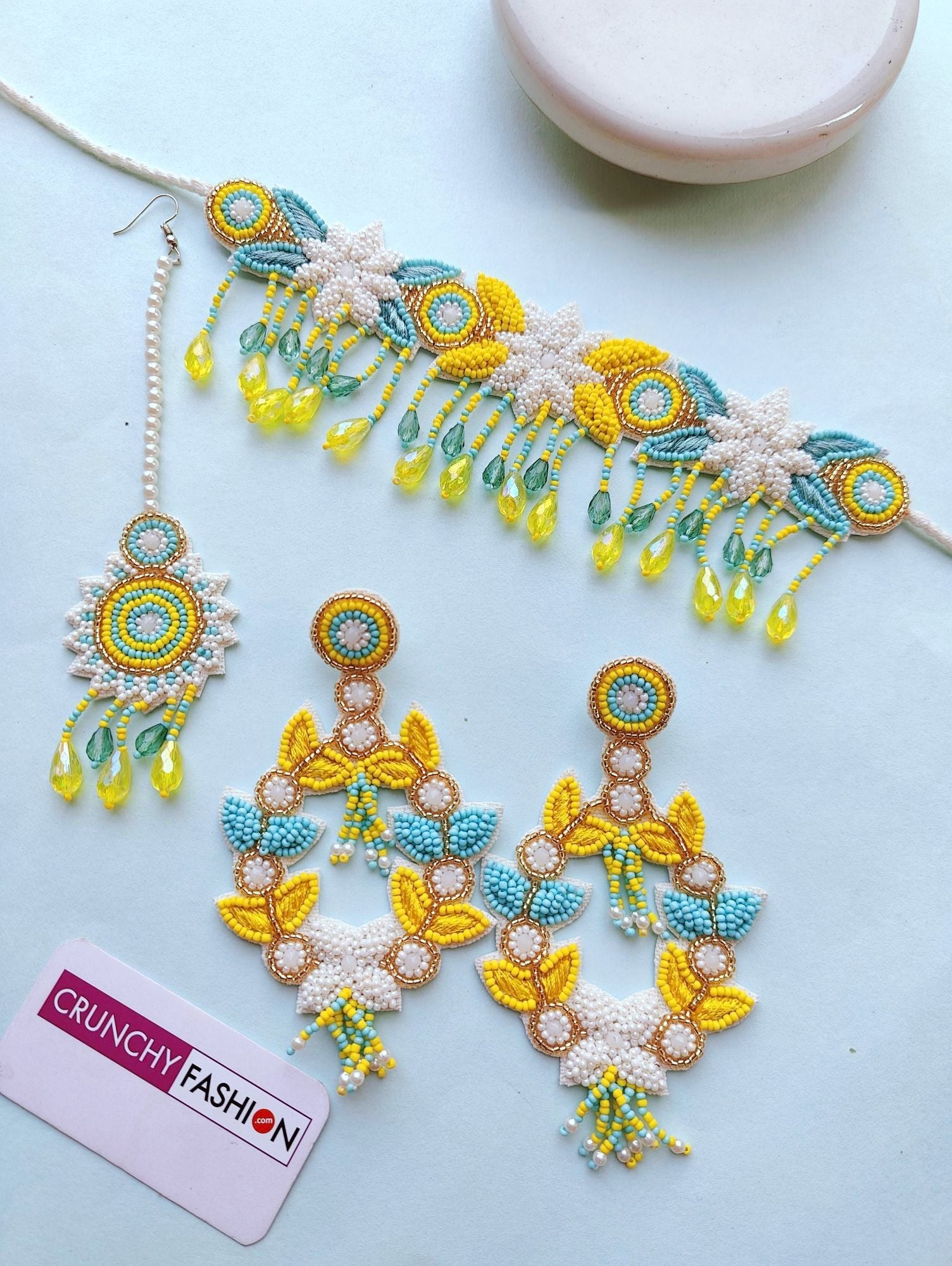 Handmade Yellow-Turq Blue flower beaded jewellery set for haldi-mehndi, perfect for brides and girls
