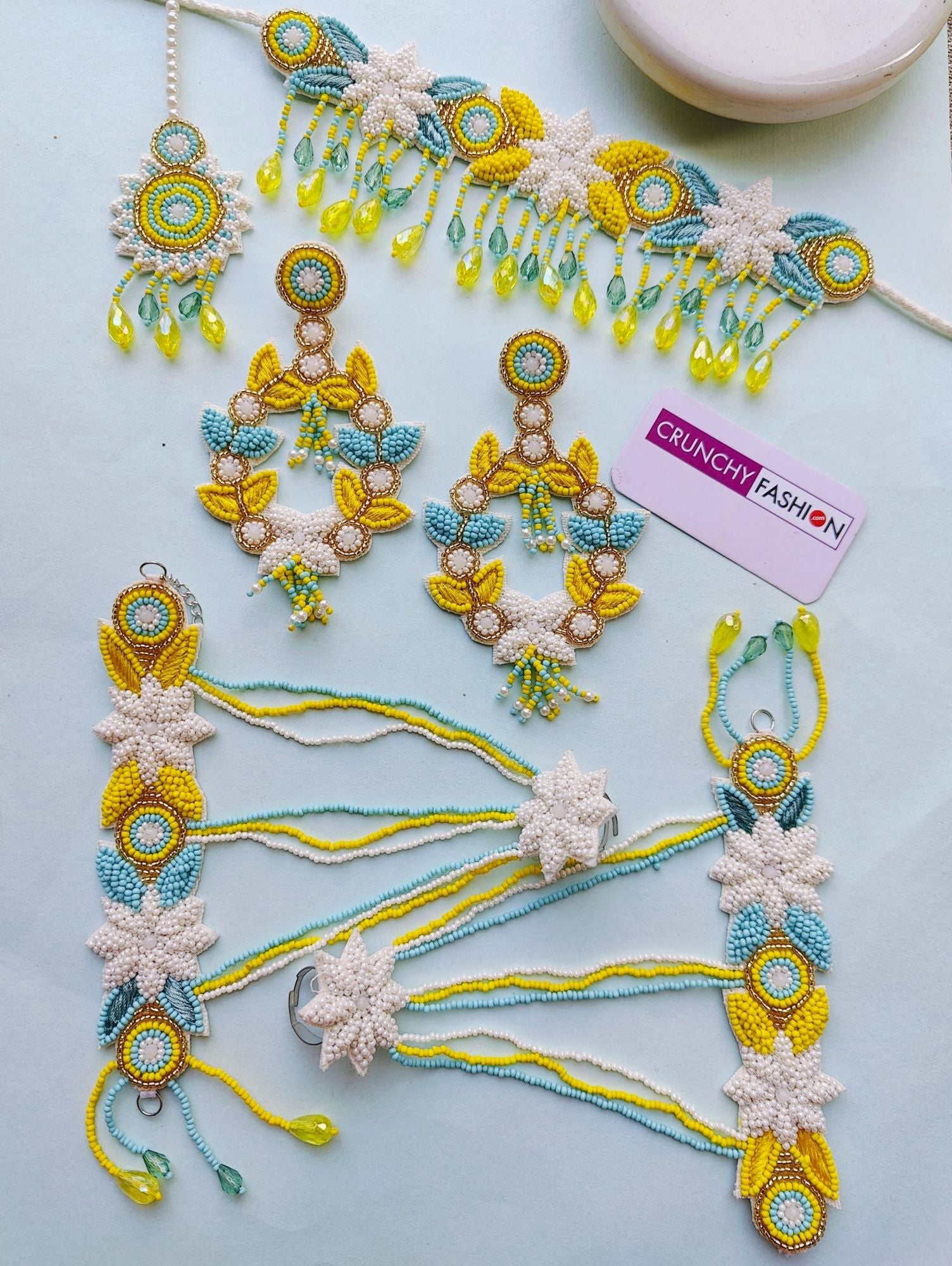 Handmade Yellow-Turq Blue flower beaded jewellery set for haldi-mehndi, perfect for brides and girls