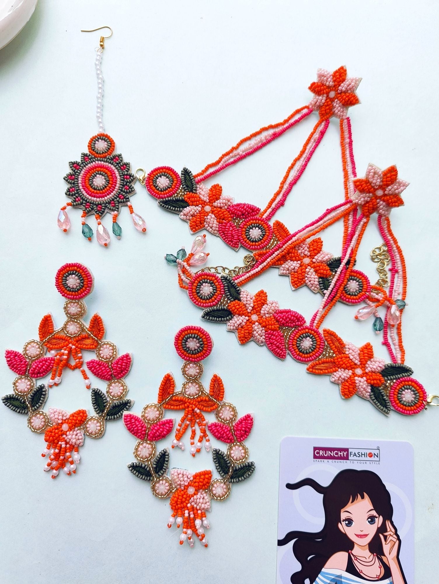 Pink Orange Floral Jewelry for Haldi-Mehndi carnival
